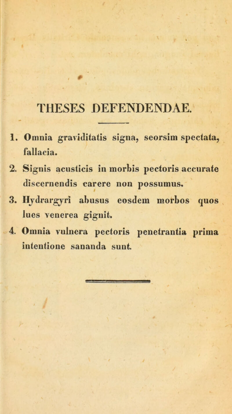 r , # THESES DEFENDENDAE. 1. Omnia graviditatis signa, seorsim spectata, fallacia. 2. Signis acusticis in morbis pectoris accurate discernendis carere non possumus. 3. Hjdrargjri abusus eosdem morbos quos , lues Venerea giguit. 4. Omnia vulnera pectoris penetrantia prima intentione sananda sunt