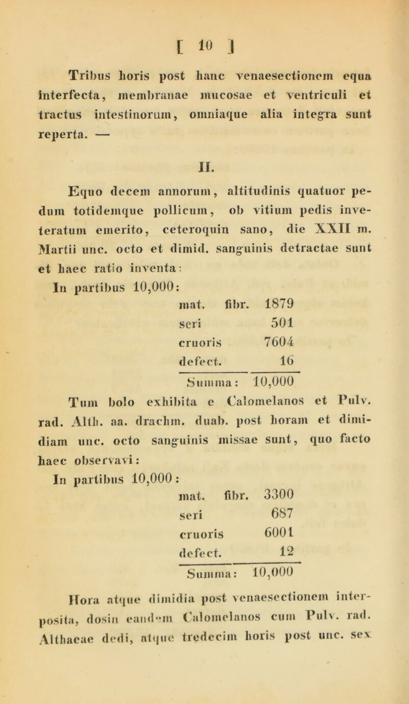 Tribus horis post hauc venaesectioncin equa interfecta, jueinl)ranae mucosae et ventriculi et tractus intestinorum, omriiaque alia integ^ra sunt reperta. — II. Equo decem annorum, altitudinis quatuor pe- dum totidemque pollicum, ob vitium pedis inve- teratum emerito, ceteroquin sano, die XXII m. Martii unc. octo et dimid. sanguinis detractae Sunt et haec ratio inventa: In partibus 10,000: mat. fibr. 1879 seri 501 criioris 7604 defect. 16 ^iumma: 10,000 Tum bolo exhibita e Calomelanos et Pulv. rad. Altli. aa. drachm. duab. post horam et dimi- diam unc. octo sang^uinis missae sunt, quo facto haec observavi: In partibus 10,000 : mat. fil)r. 3300 seri 687 cruoris 6001 defect. 12 .Summa: 10,000 Hora atque dimidia post venaescctionem inter- posita, dosin eandem C alomelanos cum Pul>. lad. Althaeae dedi, at(|ue tredecim horis post unc. sev