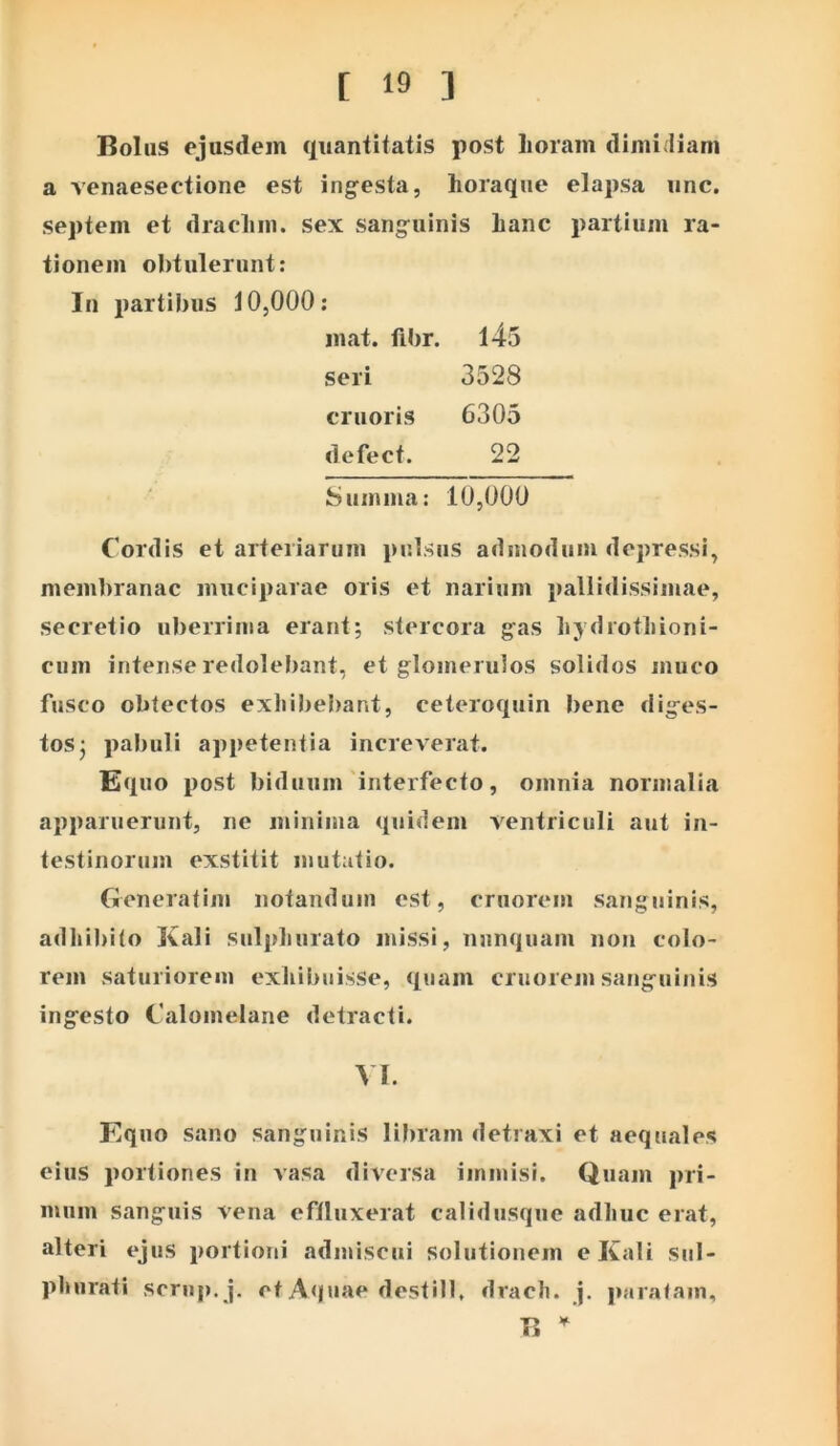 Bolus ejusdem quantitatis post Loram dimidiam a venaesectione est ingfesta, horaque elapsa iinc. septem et drachm. sex sang-uinis hanc partium ra- tionem obtulerunt: In partibus 10,000; mat. fibr. l45 seri 3528 cruoris 6305 defect. 22 Summa: 10,000 Cordis et arteriarum pulsus admodum depressi, membranae muciparae oris et narium pallidissimae, secretio uberrima erant; stercora g^as hydrotliioni- cum intense redolebant, et glomerulos solidos muco fusco obtectos exLibeI)ant, ceteroquin bene diges- tos j pabuli appetentia increverat. Equo post biduum'interfecto , omnia normalia apparuerunt, ne minima quidem ventriculi aut in- testinorum exstitit mutatio. Creneratim notandum est, cruorem sanguinis, adhibito Kali sulpliurato missi, nunquam non colo- rem saturiorein exhilmisse, quam cruorem sariguinis ingesto Calomelane detracti. VI. Equo sano sanguinis libram detraxi et aequales eius portiones in vasa diversa immisi. Quam pri- mum sanguis vena effluxerat cal id usque adhuc erat, alteri ejus portioni admiscui solutionem e Kali sul- phurati sorup. j. et Aquae destill, drach. j. paratam, B ^