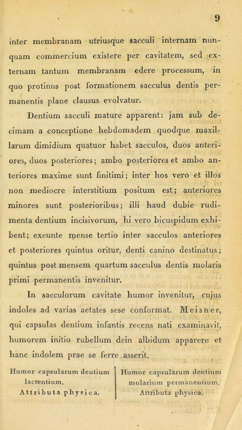 inter membranam utriusque sacculi internam nun- quam commercium existere per cavitatem, sed \ex- ternam tantum membranam edere processum, in quo protinus post formationem sacculus dentis per- manentis plane clausus evolvatur. Dentium sacculi mature apparent: jam sub de- cimam a conceptione hebdomadem quodque maxil- larum dimidium quatuor habet sacculos, duos anteri- ores, duos posteriores; ambo posteriores et ambo an- teriores maxime sunt finitimi; inter hos vero et illos non mediocre interstitium positum est; anteriores minores sunt posterioribus; illi haud dubie rudi- menta dentium incisivorum, hi vero bicuspidum exhi- bent; exeunte mense tertio inter sacculos anteriores et posteriores quintus oritur, denti canino destinatus ; quintus post mensem quartum sacculus dentis molaris primi permanentis invenitur. In sacculorum cavitate humor invenitur, cujus indoles ad varias aetates sese conformat. Meis ner, qui capsulas dentium infantis recens nati examinavit, humorem initio rubellum dein albidum apparere et hanc indolem prae se ferre asserit. Humor capsularum dentium lactentium. Attributa physica. Humor capsularum dentium molarium permanentium. Attributa physica. /