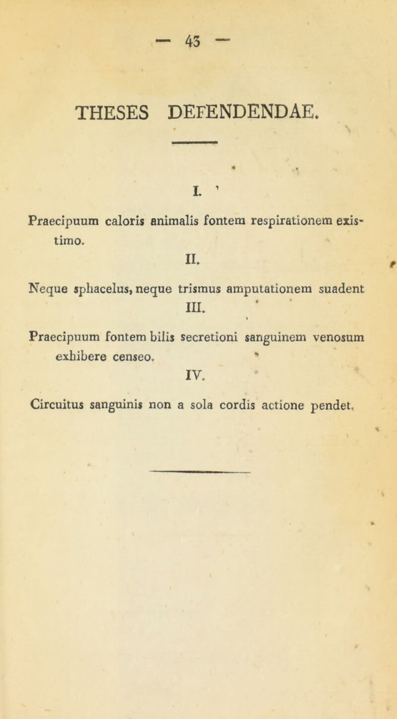 THESES DEFENDENDAE. i. ’ Praecipuum caloris animalis fontem respirationem exis- timo. II. Neque sphacelus, neque trismus amputationem suadent III. t Praecipuum fontem bilis secretioni sanguinem venosum exhibere censeo. IV. Circuitus sanguinis non a sola cordis actione pendet,