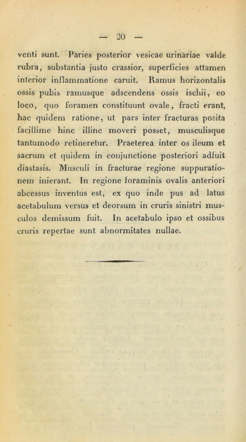 venti sunt. Paries posterior vesicae urinariae valde rubra, substantia justo crassior, superficies attamen interior inflammatione caruit. Ramus horizontalis ossis pubis ramusque adscendens ossis ischii, eo loco, quo foramen constituunt ovale, fracti erant, hac quidem ratione, ut pars inter fracturas posita facillime hinc illinc moveri posset, musculisque tantumodo retineretur. Praeterea inter os ileum et sacrum et quidem in conjunctione posteriori adfuit diastasis. Musculi in fracturae regione suppuratio- nem inierant. In regione foraminis ovalis anteriori abcessus inventus est, ex quo inde pus ad latus acetabulum versus et deorsum in cruris sinistri mus- culos demissum fuit. In acetabulo ipso et ossibus cruris repertae sunt abnormitates nullae.