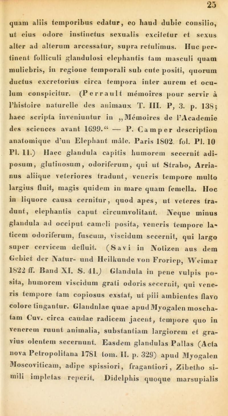 quam aliis temporibus edatur, eo haud dubie consilio, ut eius odore instinctus sexualis cxciletur et sexus alter ad alterum arcessatur, supra retulimus. Huc per- tinent folliculi glandulosi elephantis tam masculi quam muliebris, in regione temporali sub cute positi, quorum ductus excretorius circa tempora inter aurem et ocu- lum conspicitur. (Pcrrault memoircs pour servir a 1’histoirc naturclle des animaux T. III. P, 3. p. 138; haec scripta inveniuntur in „ Memoircs de 1’Academie des Sciences avant 16'99.“ — P. Camper description anatomique d’un Elepbant inale. Paris 1802. fol. PI. 10 Pl. 11.) Haec glandula capitis humorem secernit adi- posum, glutinosum, odoriferum, qui ut Strabo, Arria- nus aliique veteriores tradunt, veneris tempore multo largius fluit, magis quidem in mare quam femella. Hoc in liquore causa cernitur, quod apes, ut veteres tra- dunt, elephantis caput circumvolitant. Neque minus glandula ad occiput cameli posita, veneris tempore la- ticem odoriferum, fuscum, viscidum secernit, qui largo super cervicem defluit. (Savi in Nolizen aus dem Gebict der Natur- und Heilkunde von Froriep, Weimar 1822 fl. E and XI. S. 41.) (blandula in pene vulpis po- sita, humorem viscidum grati odoris secernit, qui vene- ris tempore tam copiosus exstat, ut pili ambientes flavo coloi e tingantur. Glandulae quae apud Myogalcn moscha- tam Cuv. circa caudae radicem jacent, tempore quo in venerem ruunt animalia, substantiam lai*giorcm et gra- vius olentem secernunt. Easdem glandulas Pallas (Acta nova Petropolitana 1781 lom. 15. p. 329) apud Myogalcn Moscoviticam, adipe spissiori, fragantiori, Zibetho si- mili impletas reperit. Didclphis quoque marsupialis