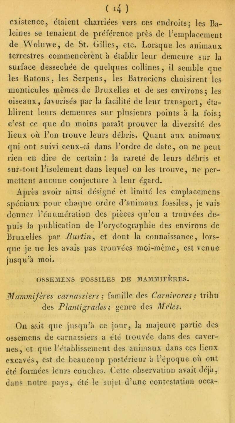 existence, étaient charriées vers ces endroits; les Ba- leines se tenaient de préférence près de l’emplacement de Wolmve, de St. Gilles, etc. Lorsque les animaux terrestres commencèrent a établir leur demeure sur la surface desseche'e de quelques collines, il semble que les Ratons, les Serpens, les Batraciens choisirent les monticules mêmes de Bruxelles et de ses environs; les oiseaux, favorisés par la facilité de leur transport, éta- blirent leurs demeures sur plusieurs points a la fois; c’est ce que du moins paraît prouver la diversité des lieux où l’on trouve leurs débris. Quant aux animaux qui ont suivi ceux-ci dans l’ordre de date, on ne peut rien en dire de certain : la rareté de leurs débris et sur-tout l’isolement dans lequel on les trouve, ne per- mettent aucune conjecture a leur égard. Après avoir ainsi désigné et limité les emplacemens spéciaux pour chaque ordre d’animaux fossiles, je vais donner l’énumcration des pièces qu’on a trouvées de- puis la publication de l’oryctographie des environs de Bruxelles par Burtin, et dont la connaissance, lors- que je ne les avais pas trouvées moi-même, est venue jusqu’à moi. OSSEMENS FOSSILES DE MAMMIFERES. Mammijères carnassiers ; famille des Carnivores ; tribu des Plantigrades ,* genre des Mêles. On sait que jusqu’à ce jour, la majeure partie des ossemens de carnassiers a été trouvée dans des caver- nes, et que l’établissement des animaux dans ces lieux excavés, est de beaucoup postérieur a l’époque où ont été formées leurs couches. Celte observation avait déjà, dans notre pays, été le sujet d’une contestation occa-