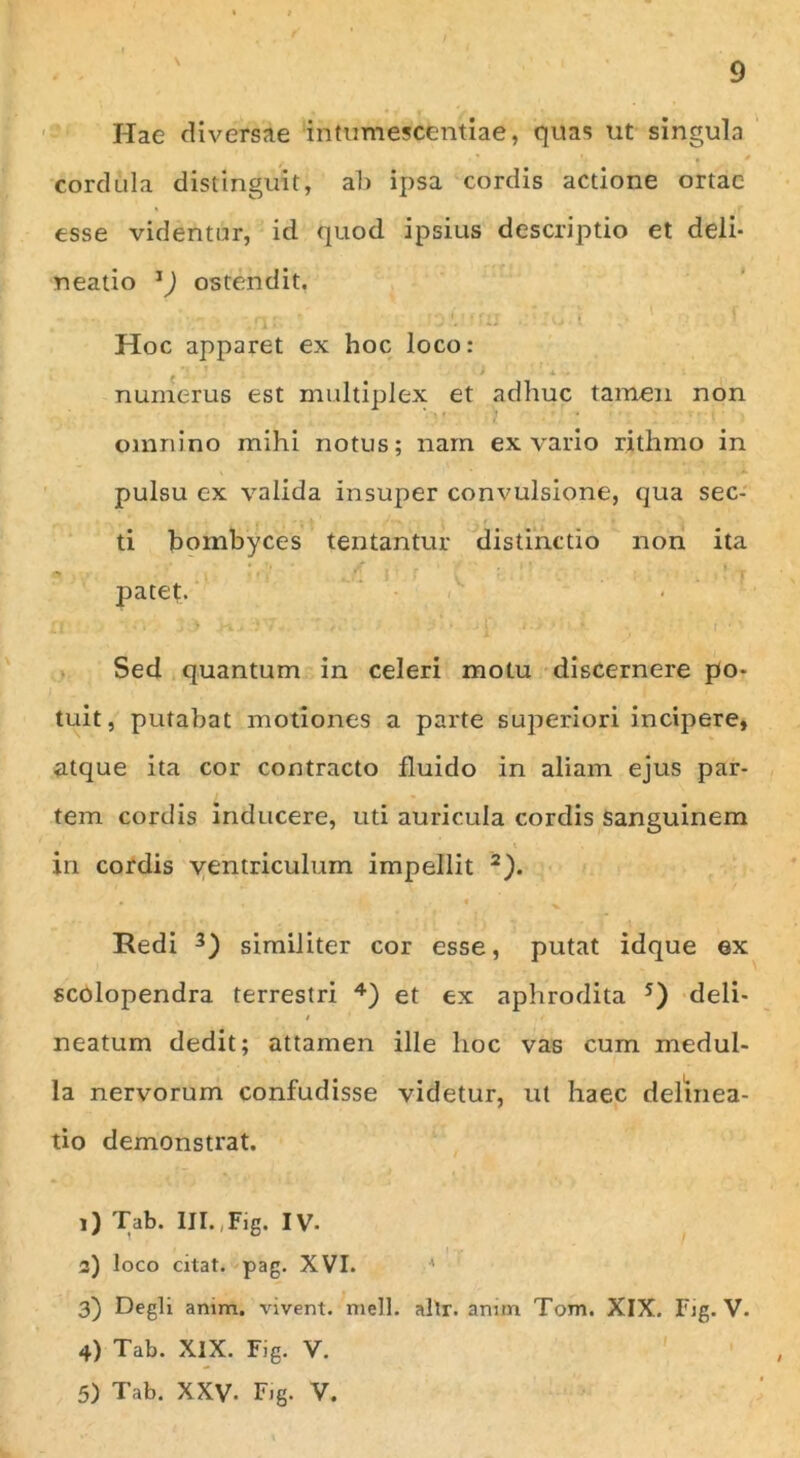 Hae diversae intumescentiae, quas ut singula cordula distinguit, ab ipsa cordis actione ortae esse videntur, id quod ipsius descriptio et deli- neatio *) ostendit. . — . . f * f 1 1 f f 1' » | ' t Hoc apparet ex hoc loco: numerus est multiplex et adhuc tamen non omnino mihi notus; nam ex vario rithmo in pulsu ex valida insuper convulsione, qua sec- ti bombyces tentantur distinctio non ita patet. • n ■ •• /k'. ■' * 'i • - i*' Sed quantum in celeri motu discernere po- tuit, putabat motiones a parte superiori incipere, atque ita cor contracto fluido in aliam ejus par- tem cordis inducere, uti auricula cordis sanguinem in cordis ventriculum impellit 2). • t fL \ j ■ t Redi 3) similiter cor esse, putat idque ex scolopendra terrestri 4 5) et ex aphrodita s) deli- t neatum dedit; attamen ille hoc vas cum medul- la nervorum confudisse videtur, ut haec delinea- tio demonstrat. 1) Tab. III.,Fig. IV. 2) loco citat, pag. XVI. 3) Degli amm. vivent, meli. allr. anim Tom. XIX. Fig. V. 4) Tab. XIX. Fig. V. 5) Tab. XXV- Fig. V.