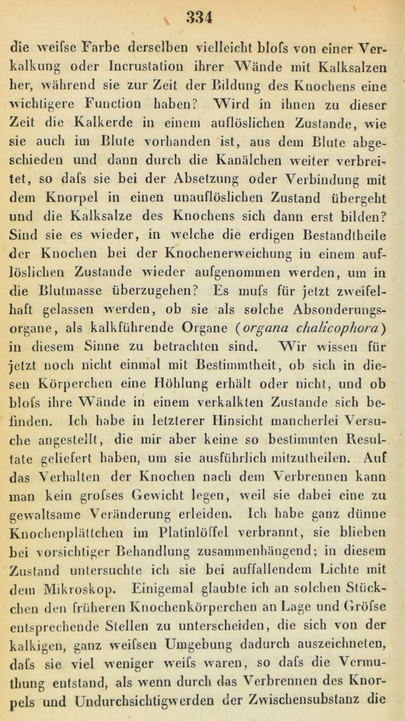 kalkung oder Incrustalion ihrer Wände mit Kalksalzen her, während sie zur Zeit der Bildung des Knochens eine wichtigere Function haben? Wird in ihnen zu dieser Zeit die Kalkerde in einem auflöslichen Zustande, wie sie auch im Blute vorhanden ist, aus dem Blute abge- schieden und dann durch die Kanälchen weiter verbreit tet, so dafs sie bei der Absetzung oder Verbindung mit dem Knorpel in einen unauflöslichen Zustand übergeht und die Kalksalze des Knochens sich dann erst bilden? Sind sie es wieder, in welche die erdigen Beslandlheile der Knochen bei der Knochenerweichung; in einem auf- löslichen Zustande wieder aufgenommen werden, um in die Blutmasse überzugehen? Es mul's für jetzt zweifel- haft gelassen werden, ob sie als solche Absonderungs- organe, als kalkführende Organe (organa chalicophora) in diesem Sinne zu betrachten sind. Wir wissen für jetzt noch nicht einmal mit Bestimmtheit, ob sich in die- sen Körperchen eine Höhlung erhält oder nicht, und ob blofs ihre Wände in einem verkalkten Zustande sich be- finden. Ich habe in letzterer Hinsicht mancherlei Versu- che angestellt, die mir aber keine so bestimmten Resul- tate geliefert haben, um sie ausführlich mitzulheilen. Auf das Verhalten der Knochen nach dem Verbrennen kann man kein grofses Gewicht legen, weil sie dabei eine zu gewaltsame Veränderung erleiden. Ich habe ganz dünne Knochenplätlclien im Platinlöffel verbrannt, sie blieben bei vorsichtiger Behandlung zusammenhängend; in diesem Zustand untersuchte ich sie bei auffallendem Lichte mit dem Mikroskop. Einigemal glaubte ich an solchen Stück- chen den früheren Knochenkörperchen an Lage und Gröfse entsprechende Stellen zu unterscheiden, die sich von der kalkigen, ganz weifsen Umgebung dadurch auszeichnelen, dafs sie viel weniger weifs waren, so dafs die Vcrmu- tliung entstand, als wenn durch das Verbrennen des Knor- pels und Undurchsichtigw erden der Zwischensubstanz die