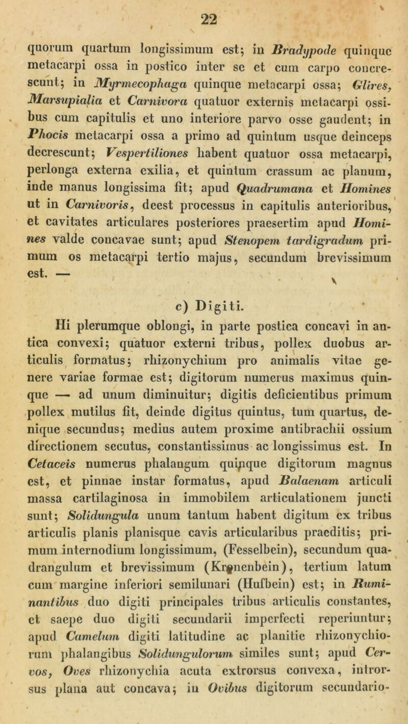 V quorum quartum longissimum est; in Bradypode quinque metacarpi ossa in postico inter se et cum carpo concre- scunt; in Myrmecophaga quinque metacarpi ossa; Glires, Marsupialia et Carnivora qua tuor externis metacarpi ossi- bus cum capitulis et uno interiore parvo osse gaudent; in Phocis metacarpi ossa a primo ad quintum usque deinceps decrescunt; Vespertiliones liabent quatuor ossa metacarpi, perlonga externa exilia, et quintum crassum ac planum, inde manus longissima fit; apud Quadrumana et Homines ut in Carnivoris, deest processus in capitulis anterioribus, et cavitates articulares posteriores praesertim apud Homi- nes valde concavae sunt; apud Stenopem tardigradum pri- mum os metacarpi tertio majus, secundum brevissimum est. — c) Digiti. Ili plerumque oblongi, in parte postica concavi in an- tica convexi; quatuor externi tribus, pollex duobus ar- ticulis formatus; rhizonycliium pro animalis vitae ge- nere variae formae est; digitorum numerus maximus quin- que — ad unum diminuitur; digitis deficientibus primum pollex mutilus fit, deinde digitus quintus, tum quartus, de- nique secundus; medius autem proxime antibrachii ossium directionem secutus, constantissimus ac longissimus est. In Cetaceis numerus phalangum quipque digitorum magnus est, et pinnae instar formatus, apud Balaenam articuli massa cartilaginosa in immobilem articulationem juncti sunt; Solidungula unum tantum liabent digitum ex tribus articulis planis planisque cavis articularibus praeditis; pri- mum internodium longissimum, (Fesselbein), secundum qua- drangulum et brevissimum (Kr§nenbein), tertium latum cum margine inferiori semilunari (Ilufbein) est; in Rumi- nant ibtis duo digiti principales tribus articulis constantes, et saepe duo digiti secundarii imperfecti reperiuntur; apud Camelum digiti latitudine ac planitie rhizonychio- rum phalangibus Solidungulorum similes sunt; apud Cer- vos, Oves rliizonychia acuta cxlrorsus convexa, intror- sus plana aut concava; iu Ovibus digitorum secundario-