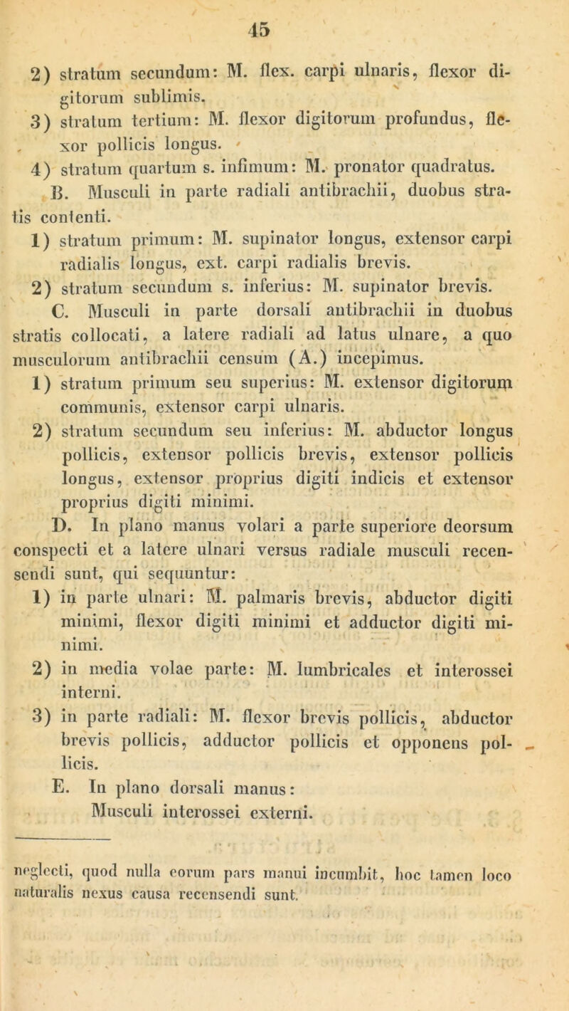 gitorum sublimis. 3) stratum tertium: M. flexor digitorum profundus, fle- xor pollicis longus. • 4) stratum quartum s. infimum: M. pronator quadratus. B. Musculi in parte radiali antibrachii, duobus stra- tis contenti. 1) stratum primum: M. supinator longus, extensor carpi radialis longus, cxt. carpi radialis brevis. 2) stratum secundum s. inferius: M. supinator brevis. C. Musculi in parte dorsali antibrachii in duobus stratis collocati, a latere radiali ad latus ulnare, a quo musculorum antibrachii censum (A.) incepimus. 1) stratum primum seu superius: M. extensor digitorum communis, extensor carpi ulnaris. 2) stratum secundum seu inferius: M. abductor longus pollicis, extensor pollicis brevis, extensor pollicis longus, extensor proprius digiti indicis et extensor proprius digiti minimi. D. In plano manus volari a parte superiore deorsum conspecti et a latere ulnari versus radiale musculi recen- sendi sunt, qui sequuntur: 1) in parte ulnari: M. palmaris brevis, abductor digiti minimi, flexor digiti minimi et adductor digiti mi- nimi. 2) in media volae parte: M. lumbricales et interossei interni. 3) in parte radiali: M. flexor brevis pollicis, abductor brevis pollicis, adductor pollicis et opponens pol- licis. E. In plano dorsali manus: Musculi interossei externi. neglecti, quod nulla eorum pars manui incumbit, hoc tamen loco naturalis nexus causa recensendi sunt.