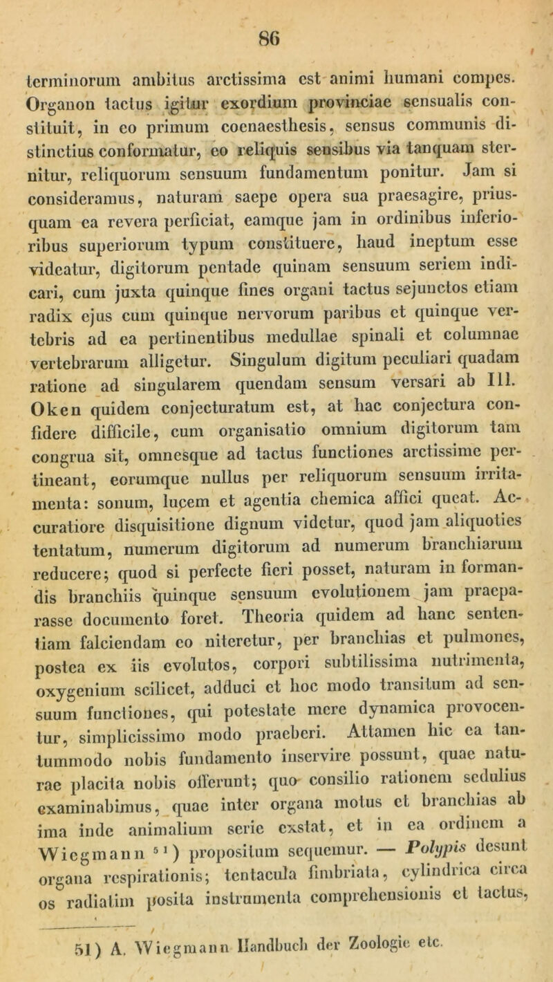 terminorum ambitus arctissima est animi humani compes. Organon tactus igitur exordium provinciae sensualis con- stituit, in eo primum coenaesthesis, sensus communis di- stinctius conformatur, eo reliquis sensihus via tanquam ster- nitur, reliquorum sensuum fundamentum ponitur. Jam si consideramus, naturam saepe opera sua praesagire, prius- quam ea revera perficiat, eamque jam in ordinibus inferio- ribus superiorum typum constituere, haud ineptum esse videatur, digitorum pentade quinam sensuum seriem indi- cari, cum juxta quinque fines organi tactus sejunctos etiam radix ejus cum quinque nervorum paribus et quinque ver- tebris ad ea pertinentibus medullae spinali et columnae vertebrarum alligetur. Singulum digitum peculiari quadam ratione ad singularem quendam sensum versari ab 111. Oken quidem conjccturatum est, at hac conjectura con- fidere difficile, cum organisatio omnium digitorum tam congrua sit, omnesque ad tactus functiones arctissime per- tineant, eorumque nullus per reliquorum sensuum irrita- menta: sonum, lucem et agentia chemica affici queat. Ac- curatiore disquisitione dignum videtur, quod jam aliquoties tentatum, numerum digitorum ad numerum branchiarum reducere; quod si perfecte fieri posset, naturam in foiman- dis branchiis quinque sensuum evolutionem jam praepa- rasse documento foret. Theoria quidem ad hanc senten- tiam falciendam eo niteretur, per branchias et pulmones, postea ex iis evolutos, corpori subtilissima nutrimenta, oxygenium scilicet, adduci et hoc modo transitum ad sen- suum functiones, qui potestate mere dynamica provocen- tur, simplicissimo modo praeberi. Attamen hic ea tan- tummodo nobis fundamento inservire possunt, quae natu- rae placita nobis offerunt; quo- consilio rationem sedulius examinabimus, quae inter organa motus et branchias ab ima inde animalium serie exstat, et in ea ordinem a Wicgmaun 51) propositum sequemur. — Polypis desunt organa respirationis; tcntacula fimbriata, cylindrica ciica os radialim posita instrumenta comprehensionis cl tactus, 51) A. YViegmann llandbuch der Zoologic elc.