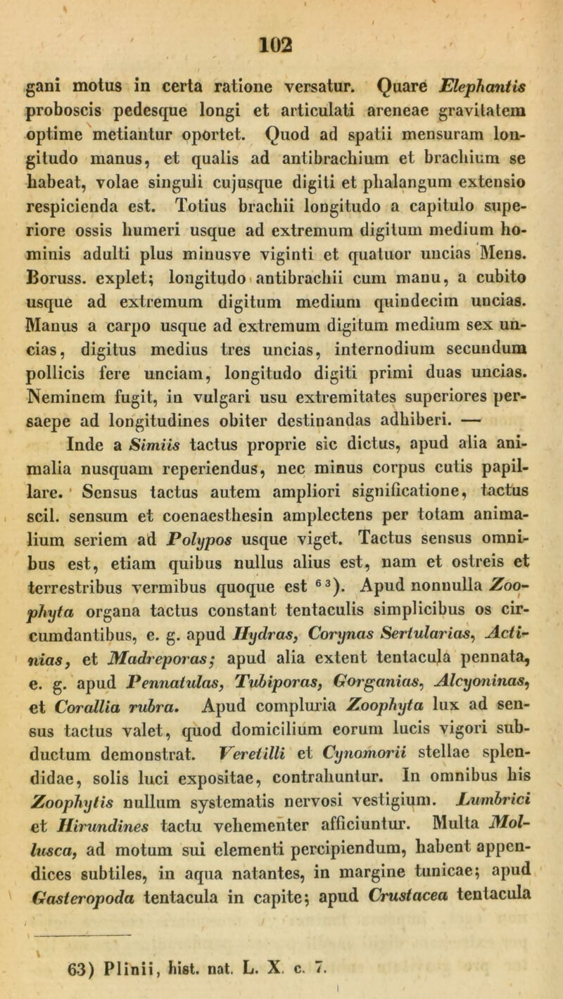 gani motus in certa ratione versatur. Quare Elephantis proboscis pedesque longi et articulati areneae gravitatem optime metiantur oportet. Quod ad spatii mensuram lon- gitudo manus, et qualis ad antibrachium et brachium se habeat, volae singuli cujusque digiti et phalangum extensio respicienda est. Totius brachii longitudo a capitulo supe- riore ossis humeri usque ad extremum digitum medium ho- minis adulti plus minusve viginti et quatuor uncias Mens. Boruss. explet; longitudo antibrachii cum manu, a cubito usque ad extremum digitum medium quindecim uncias. Manus a carpo usque ad extremum digitum medium sex un- cias, digitus medius tres uncias, internodium secundum pollicis fere unciam, longitudo digiti primi duas uncias. Neminem fugit, in vulgari usu extremitates superiores per- saepe ad longitudines obiter destinandas adhiberi. — Inde a Simiis tactus proprie sic dictus, apud alia ani- malia nusquam reperiendus, nec minus corpus cutis papil- lare. Sensus tactus autem ampliori significatione, tactus scii, sensum et coenaeslhesin amplcctens per totam anima- lium seriem ad Polypos usque viget. Tactus sensus omni- bus est, etiam quibus nullus alius est, nam et ostreis et terrestribus vermibus quoque est 63). Apud nonnulla Zoo- phyta organa tactus constant tentaculis simplicibus os cir- cumdantibus, c. g. apud Hydras, Corynas Sertularias, Acti- nias, et Madreporas; apud alia extent tentacula pennata, e. g. apud Pennatulas, Tubiporas, Gorganias, Alcyoninas, et Corallia rubra. Apud compluria Zoophyta lux ad sen- sus tactus valet, quod domicilium eorum lucis vigori sub- ductum demonstrat. Veretilli et Cynomorii stellae splen- didae, solis luci expositae, contrahuntur. In omnibus his Zoophytis nullum systematis nervosi vestigium. Lumbrici et Hirundines tactu vehementer afficiuntur. Multa Mol- lusca, ad motum sui elementi percipiendum, habent appen- dices subtiles, in aqua natantes, in margine tunicae; apud Gasteropoda tentacula in capite; apud Crustacea tentacula \ 63) Plinii, bist. nat. L. X. c. 7. I