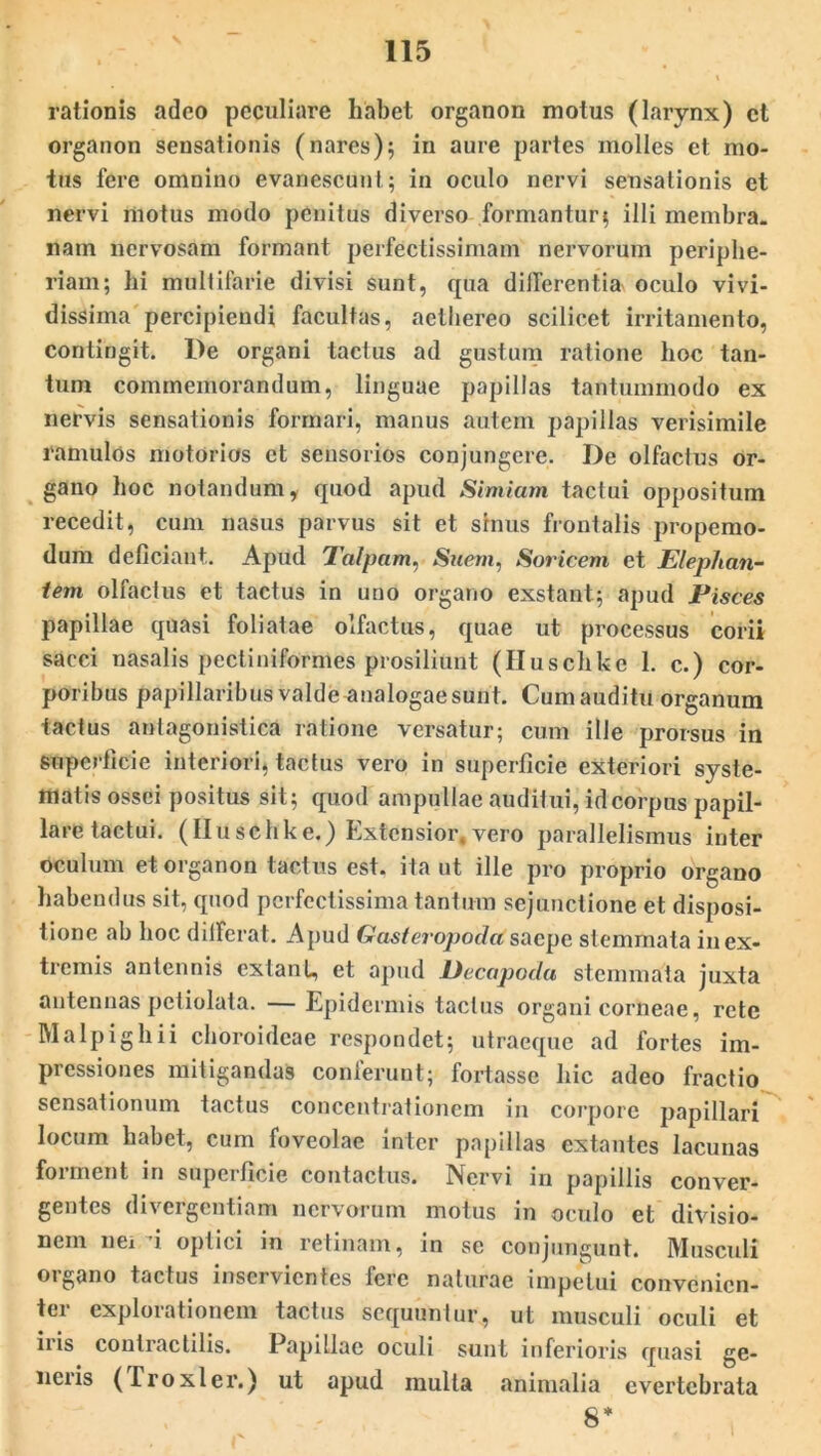 \ 115 rationis adeo peculiare habet organon motus (larynx) ct organon sensationis (nares); in aure partes molles et mo- tus fere omnino evanescunt; in oculo nervi sensationis et nervi motus modo penitus diverso formantur; illi membra- nam nervosam formant perfectissimam nervorum periphe- riam; hi multifarie divisi sunt, qua differentia oculo vivi- dissima percipiendi facultas, aethereo scilicet irritamento, contingit. l)e organi tactus ad gustum ratione hoc tan- tum commemorandum, linguae papillas tantummodo ex nervis sensationis formari, manus autem papillas verisimile ramulos motorios et sensorios conjungere. De olfactus or- gano hoc notandum, quod apud Simiam tactui oppositum recedit, cum nasus parvus sit et sinus frontalis propemo- dum deficiant. Apud Talpam, Suem, Soricem ei Elephan- tem olfactus et tactus in uno organo exstant; apud Pisces papillae quasi foliatae olfactus, quae ut processus corii sacci nasalis pectiniformes prosiliunt (Huschke 1. c.) cor- poribus papillaribus valde analogae suut. Cum auditu organum tactus antagonistica ratione versatur; cum ille prorsus in superficie interiori, tactus vero in superficie exteriori syste- matis ossei positus sit; quod ampullae auditui, id corpus papil- lare tactui. (Huschke.) Extensior, vero parallelismus inter oculum et organon tactus est. ita ut ille pro proprio organo habendus sit, quod perfectissima tantum sejunctione et disposi- tione ab hoc differat. Apud Gasteropoda saepe stemmata in ex- tremis antennis extant, et apud JJecapoda stemmata juxta antennas petiolata. —Epidermis tactus organi corneae, rete Malpighii choroideae respondet; utraeque ad fortes im- pressiones mitigandas conferunt; fortasse hic adeo fractio sensationum tactus concentrationem in corpore papillari locum habet, cum foveolae inter papillas extantes lacunas forment in superficie contactus. Nervi in papillis conver- gentes divergentiam nervorum motus in oculo et divisio- nem nei i optici in retinam, in se conjungunt. Musculi organo tactus inservientes fere naturae impetui convenien- ter explorationem tactus sequuntur, ut musculi oculi et iiis contractilis. Papillae oculi sunt inferioris quasi ge- neris (Troxler.) ut apud multa animalia e vertebrata 8*