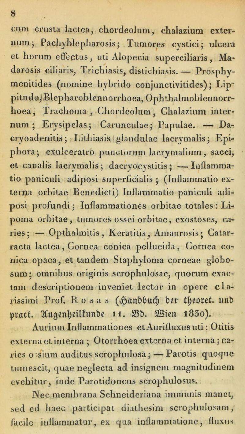 cum crusta lactea, chordeolum, chalaziura exter- imiuj Pachyblepliarosis; Tumores cystici; ulcera et horum effectus, uti Alopecia superciliaris, Ma- (larosis ciliaris, Trichiasis, distichiasis. — Prosphy- menitides (nomine hybrido conjunctivitides); Lip“ pitudo^Blepharoblennorrhoea, Ophthalmohlennorr- lioea. Trachoma, Chordeolum, Chalazium inter- num ; Erysipelas; Carunculae; Papulae. — Da- cryoadenitis; Lithiasis ' glandulae lacrymalis; Epi- phora; exulceratio punctorum lacrymalium, sacci, et canalis lacrymalis; dacryocystitis ; — Inflamma- tio paniculi adiposi superficialis ; (Inflammatio ex- terna orbitae Benedicti) Inflammatio paniculi adi- posi profundi; Inflammationes orbitae totales: Li- poma orbitae, tumores ossei orbitae, exostoses, ca- ries; — Opthalmitis, Keratitis, Amaurosis; Catar- racta lactea, Cornea conica pellucida. Cornea co- nica opaca, et tandem Staphyloma corneae globo- sum; omnibus originis scrophulosae, quorum exac- tam descriptionem inveniet lector in opere cla- rissimi Prof. Rosas (i^anbbud^ bci* unb ^jract. 2Cugenf)cUfuttbc ii. S3b. SSien i85o). Aurium Inflammationes et Aurifluxusuti: Otitis externa et interna ; Otorrhoea externa et interna; ca- ries o:sium auditus scrophulosa; — Parotis quoque tumescit, quae neglecta ad insignem magnitudinem evehitur, inde Parotidoncus scrophulosus. Nec membrana Schneideriana immunis manet, sed ed haec participat diathesim scrophulosam, facile inflammatur, ex qua inflammatione, fluxus