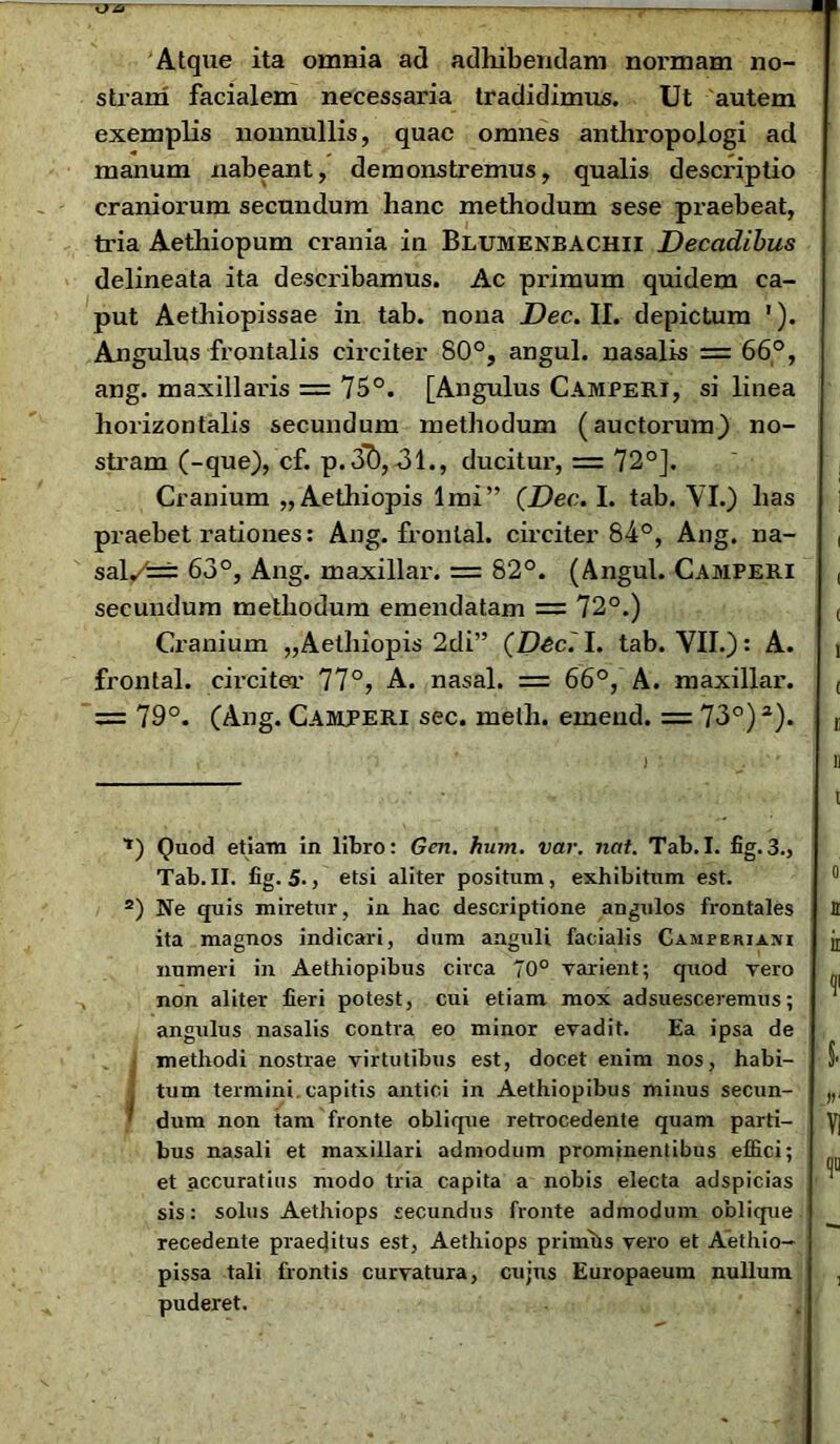 Atque ita omnia ad adhibendam normam no- stram facialem necessaria tradidimus. Ut autem exemplis nonnullis, quae omnes anthropologi ad manum nabeant, demonstremus, qualis descriptio craniorum secundum hanc methodum sese praebeat, tria Aethiopum crania in Blumenbachii Decadibus delineata ita describamus. Ac primum quidem ca- put Aethiopissae in tab. nona Dec. II. depictum 1). Angulus frontalis circiter 80°, angui, nasalis = 66°, ang. maxillaris = 75°. [Angulus Camperi, si linea horizontalis secundum methodum (auctorum) no- stram (-que), cf. p.3T), -31., ducitur, = 72°]. Cranium „ Aethiopis Imi” (Dec. I. tab. VI.) has praebet rationes: Ang. fronlal. circiter 84°, Ang. na- sal/=± 63°, Ang. maxillar. = 82°. (Angui. Camperi secundum methodum emendatam = 72°.) Cranium „Aethiopis 2di” (Deci I. tab. VII.): A. frontal. circita* 77°, A. nasal. = 66°, A. maxillar. = 79°. (Ang. Camperi sec. metli. ernend. = 73°)2). ■*) Quod etiam in libro: Gen. hum. var. nat. Tab.I. £g.3., Tab.II. fig. 5., etsi aliter positum, exhibitum est. 2) Ne quis miretur, in hac descriptione angulos frontales ita magnos indicari, dum anguli facialis Camperiani numeri in Aethiopibus circa 70° varient; quod vero non aliter fieri potest, cui etiam mox adsuesceremus; angulus nasalis contra eo minor evadit. Ea ipsa de methodi nostrae virtutibus est, docet enim nos, habi- tum termini capitis antici in Aethiopibus minus secun- ' dum non tam fronte oblique retrocedente quam parti- bus nasali et maxillari admodum prominentibus effici; et accuratius modo tria capita a nobis electa adspicias sis: solus Aethiops secundus fronte admodum oblique recedente praeditus est, Aethiops primhs vero et Aethio- pissa tali frontis curvatura, cujus Europaeum nullum puderet.