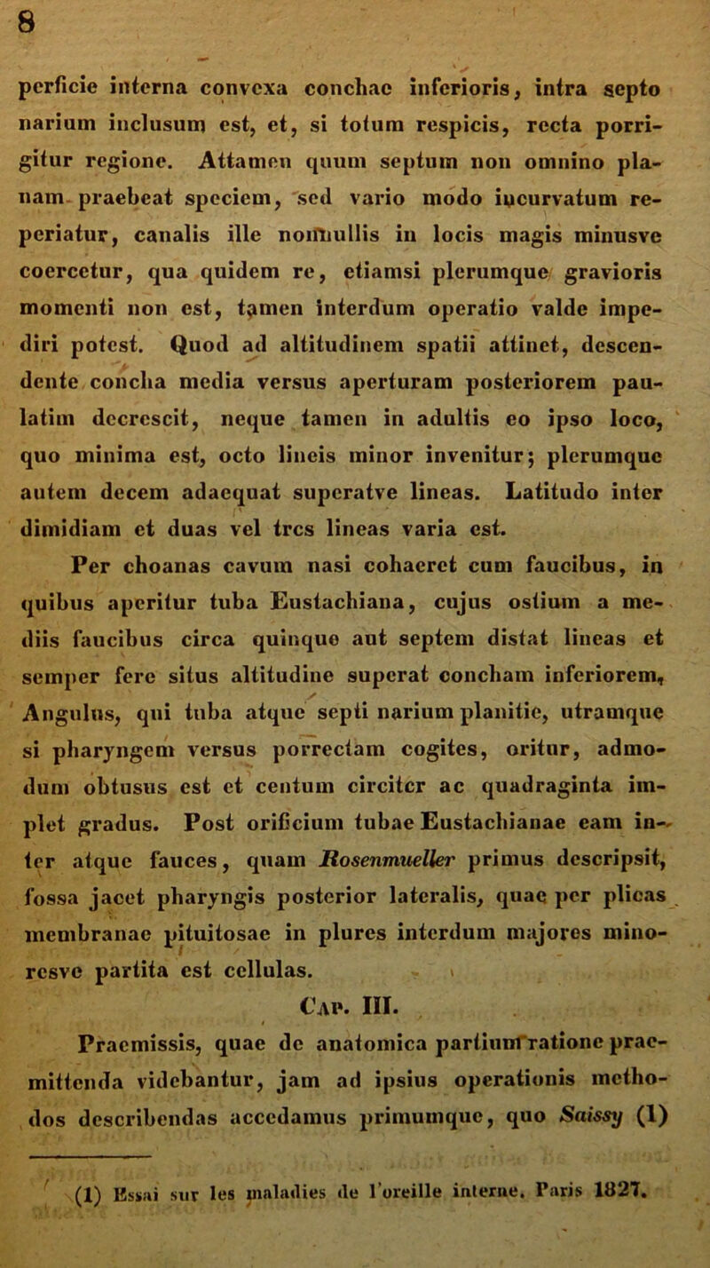 pcrficie interna convexa conchae inferioris, intra septo narium inclusuro est, et, si totum respicis, recta porri- gitur regione. Attamen quum septum non omnino pla- nam praebeat speciem, sed vario modo incurvatum re- periatur, canalis ille noiftiullis in locis magis minusve coercetur, qua quidem re, etiamsi plerumque gravioris momenti non est, t^men interdum operatio valde impe- diri potest. Quod ad altitudinem spatii attinet, descen- dente concha media versus aperturam posteriorem pau- latim decrescit, neque tamen in adultis eo ipso loco, quo minima est, octo lineis minor invenitur; plerumque autem decem adaequat supcratve lineas. Latitudo inter dimidiam et duas vel tres lineas varia est. Per choanas cavum nasi cohaeret cum faucibus, in quibus aperitur tuba Eustachiana, cujus ostium a me- diis faucibus circa quinque aut septem distat lineas et semper fere situs altitudine superat concham inferiorem. Angulus, qui tuba atque septi narium planitie, utramque si pharyngem versus porrectam cogites, oritur, admo- dum obtusus est et centum circiter ac quadraginta im- plet gradus. Post orificium tubae Eustachianae eam in- ter atque fauces, quam Rosenmueller primus descripsit, fossa jacet pharyngis posterior lateralis, quaq per plicas membranae pituitosae in plures interdum majores mino- resve partita est cellulas. \ Cap. III. Praemissis, quae de anatomica partiunTratione prae- mittenda videbantur, jam ad ipsius operationis metho- dos describendas accedamus primumque, quo Saissy (1) (1) Essai sur Ies jnnladies tle 1’oreille interne. Taris 1827.