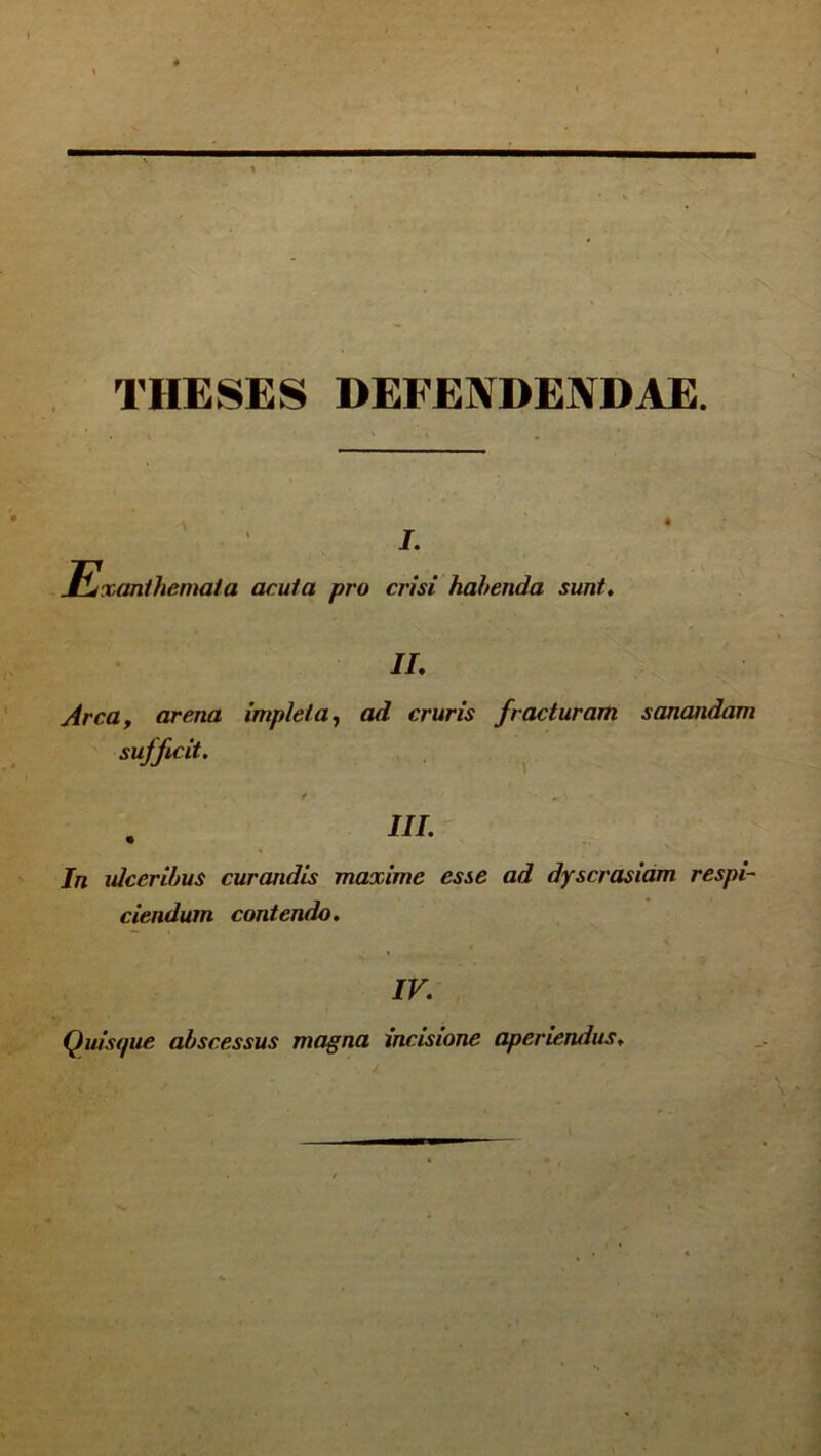 THESES DEFENDENDAE. I. Exanihemala acuta pro crisi habenda sunt, II, Arca, arena impleta, ad cruris fracturam sanandam sufficit. III, In idceribus curandis maxime esse ad dyscrasidm respi- ciendum contendo. IV. Quistjue abscessus magna incisione aperiendus.