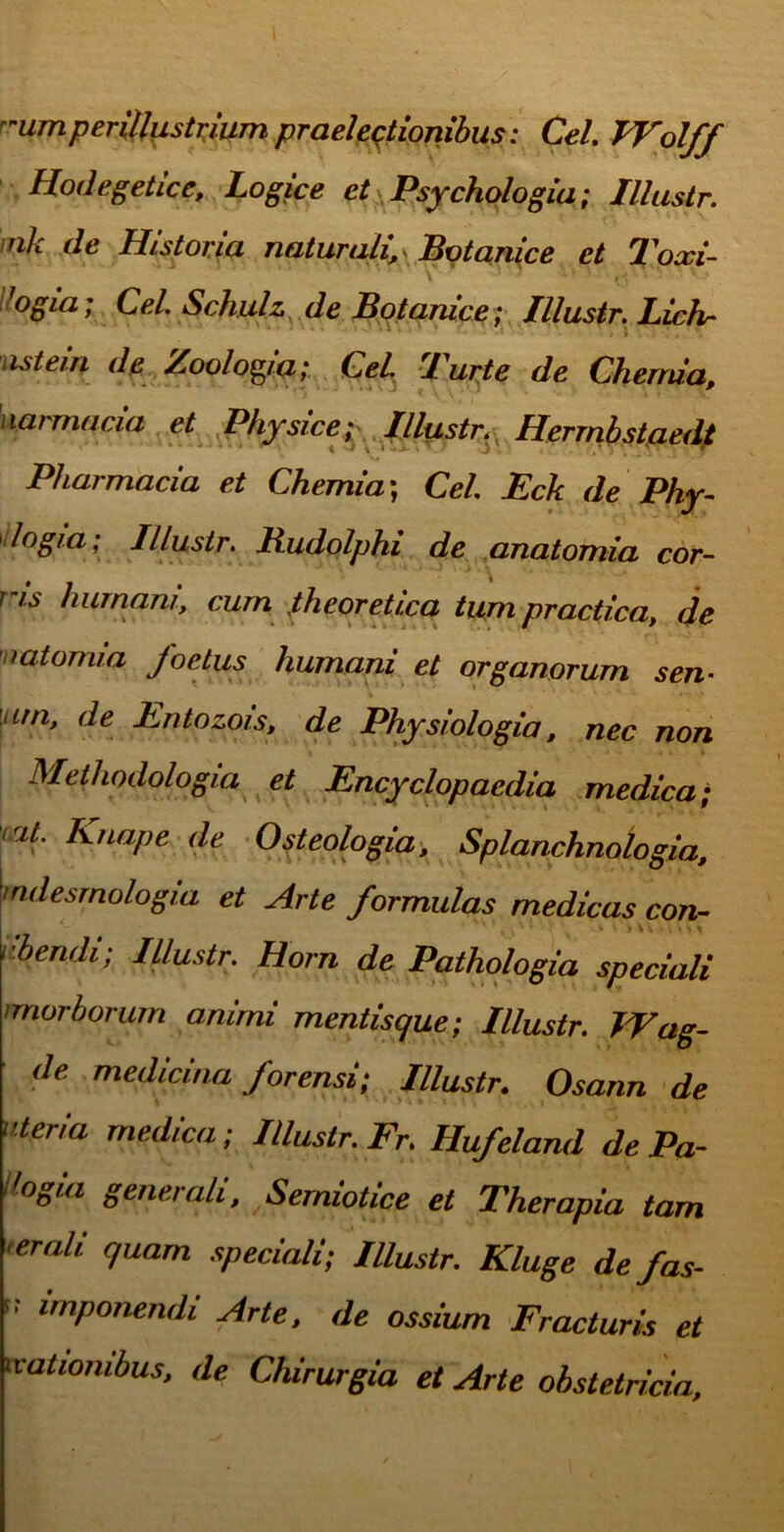 'umperillustrium praelectionibus: Cei. EFolff Hodegetice, Logice et Psychologia; Illustr. nk de Historia naturali, Botanice et Toxi- °gia > Cei. Schulz de Botanice; Illustr. Lichr istein de Zoologia; Cei. Turte de Chemia, narmacia et Physice; Illustr. Herrnbstaedt Pharmacia et Chemia, Cei Eck de Phy- logia; Illustr. Budolphi de anatomia cor- r is humani, cum theoretica tum practica, de latomia foetus humani et organorum sen- un> de Entozois, de Physiologia, nec non Methodologia et Encyclopaedia medica; \ 'af‘ E nape de Osteologia, Splanchnologia, [tndesmologia et Arte formulas medicas con- rbendi; Illustr. Horn de Pathologia speciali morborum animi mentisque; Illustr. IVag- de medicina forensi; Illustr. Osann de uter i a medica; Illustr. Fr. Hufeland de Par logia generali. Semiotice et Therapia tam •erah quam speciali; Illustr. Kluge de fas- ' lmponendi Arte, de ossium Fracturis et nationibus, de Chirurgia et Arte obstetricia.