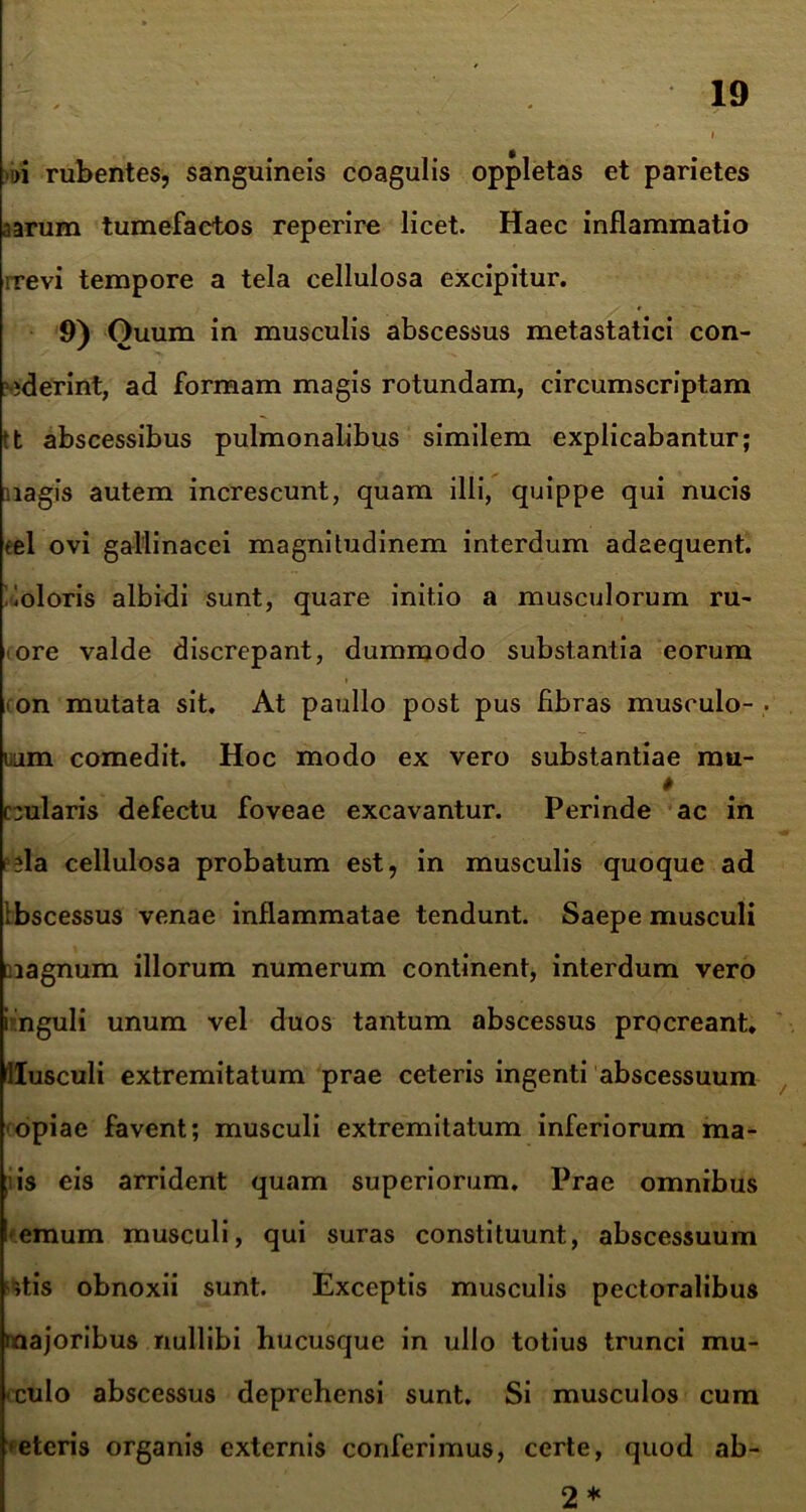 )i rubentes, sanguineis coagulis oppletas et parietes ,iarum tumefactos reperire licet. Haec inflammatio irevi tempore a tela cellulosa excipitur. 9) Quum in musculis abscessus metastatici con- ciderint, ad formam magis rotundam, circumscriptam tt abscessibus pulmonalibus similem explicabantur; nagis autem increscunt, quam illi, quippe qui nucis tel ovi gallinacei magnitudinem interdum adaequent, loloris albidi sunt, quare initio a musculorum ru- ore valde discrepant, dummodo substantia eorum • on mutata sit. At paullo post pus fibras musculo- , uim comedit. Hoc modo ex vero substantiae mu- nularis defectu foveae excavantur. Perinde ac in fla cellulosa probatum est, in musculis quoque ad ibscessus venae inflammatae tendunt. Saepe musculi magnum illorum numerum continent, interdum vero iinguli unum vel duos tantum abscessus procreant» llusculi extremitatum prae ceteris ingenti abscessuum opiae favent; musculi extremitatum inferiorum ma- :is eis arrident quam superiorum. Prae omnibus I emum musculi, qui suras constituunt, abscessuum »tis obnoxii sunt. Exceptis musculis pectoralibus rnajoribus nullibi hucusque in ullo totius trunci mu- ‘culo abscessus deprehensi sunt. Si musculos cum eteris organis externis conferimus, certe, quod ab- 2*