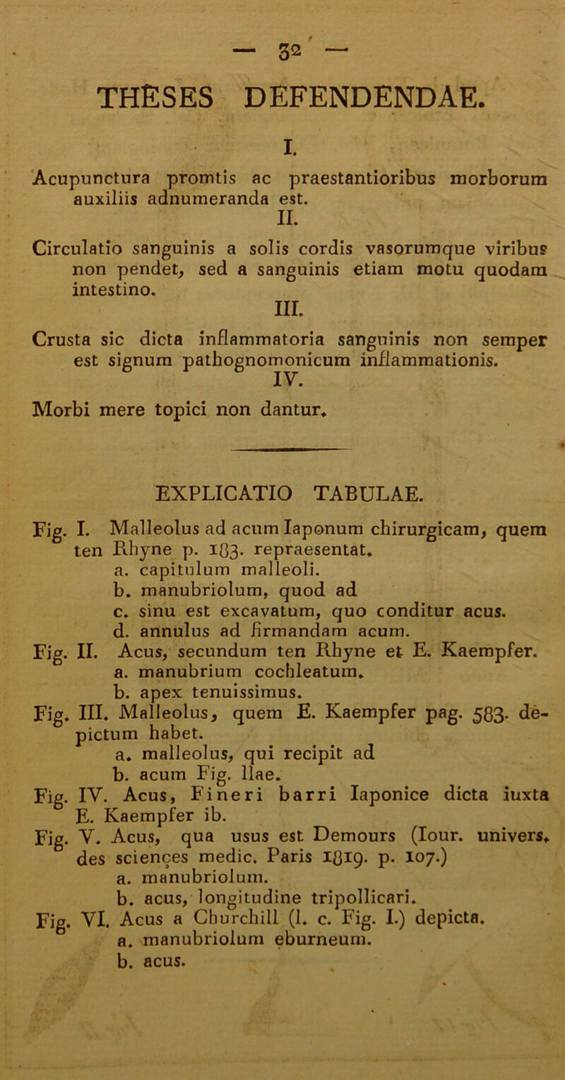 THESES DEFENDENDAE i. Acupunctura promtis ac praestantioribus morborum auxiliis adnumeranda est. II. Circulatio sanguinis a solis cordis vasorumque viribus non pendet, sed a sanguinis etiam motu quodam intestino. III. Crusta sic dicta inflammatoria sanguinis non semper est signum pathognomonicum inflammationis. Morbi mere topici non dantur. EXPLICATIO TABULAE. Eig. I. Malleolus ad acum Iaponum chirurgicam, quem ten Rhyne p. 1R3. repraesentat. a. capitulum malleoli. b. manubriolum, quod ad c. sinu est excavatum, quo conditur acus. d. annulus ad firmandam acum. Fig. II. Acus, secundum ten Rhyne et E. Kaempfer. a. manubrium cochleatum. b. apex tenuissimus. Fig. III. Malleolus, quem E. Kaempfer pag. 5Q3. de- pictum habet. a. malleolus, qui recipit ad b. acum Fig. llae. Fig. IV. Acus, Fineri barri Iaponice dicta iuxta E. Kaempfer ib. Fig. V. Acus, qua usus est Demours (Iour. univers. des Sciences medie. Paris 1819. p. 107.) a. manubriolum. b. acus, longitudine tripollicari. Fig. VI. Acus a Churchill (1. c. Fig. I.) depicta. a. manubriolum eburneum. b. acus.