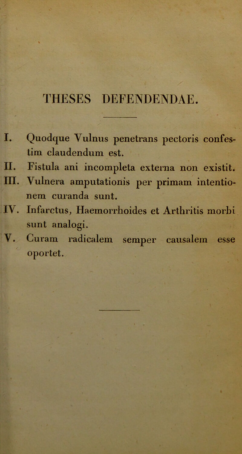 THESES DEFENDENDAE. I. Quodque Vulnus penetrans pectoris confes- tim claudendum est. II. Fistula ani incompleta externa non existit. III. Vulnera amputationis per primam intentio- nem curanda sunt. IV. Infarctus, Haemorrhoides et Arthritis morhi sunt analogi. V. Guram radicalem semper causalem esse oportet.