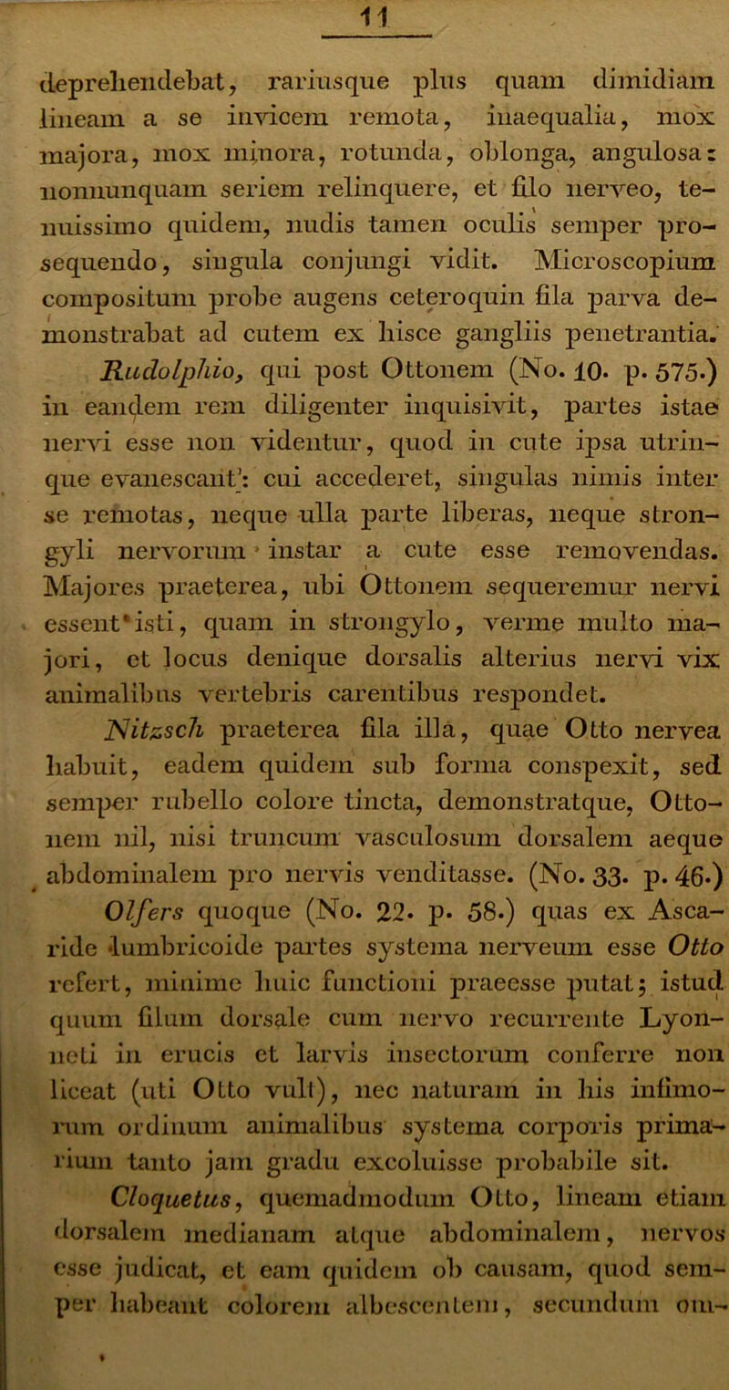 deprehendebat, rariusque plus quam dimidiam lineam a se invicem remota, inaequalia, mox majora, mox minora, rotunda, oblonga, angulosa: nonnunquam seriem relinquere, et filo nerveo, te- nuissimo quidem, nudis tamen oculis semper pro- sequendo, singula conjungi vidit. Microscopium compositum probe augens ceteroquin fila parva de- monstrabat ad cutem ex liisce gangliis penetrantia. Ruclolphio, qui post Ottonem (No. 10- p. 575.) in eandem rem diligenter inquisivit, partes istae nervi esse non videntur, quod in cute ipsa utrin- que evanescant1: cui accederet, singulas nimis inter se remotas, neque ulla parte liberas, neque stron- gyli nervorum instar a cute esse removendas. Majores praeterea, ubi Ottonem sequeremur nervi essent‘isti, quam in strongylo, verme multo ma- jori, et locus denique dorsalis alterius nervi vix animalibus vertebris carentibus respondet. JSIitzsch praeterea fila illa, quae Otto nervea habuit, eadem quidem sub forma conspexit, sed semper rubello colore tincta, demonstratque, Otto- nem nil, nisi truncum Auisculosum dorsalem aeque abdominalem pro nervis venditasse. (No. 33. p. 46*) Olfers quoque (No. 22. p. 58.) quas ex Asca- ride lumbricoide partes systema nerveum esse Otto refert, minime huic functioni praeesse putat; istud quum filum dorsale cum nervo recurrente Lyon- neti in erucis et larvis insectorum conferre non liceat (uti Otto vult), nec naturam in his infimo- rum ordinum animalibus systema corporis prima- rium tanto jam gradu excoluisse probabile sit. Cloquetus, quemadmodum Otto, lineam etiam dorsalem medianam atque abdominalem, nervos esse judicat, et eam quidem ob causam, quod sem- per habeant colorem albescentem, secundum 0111- t