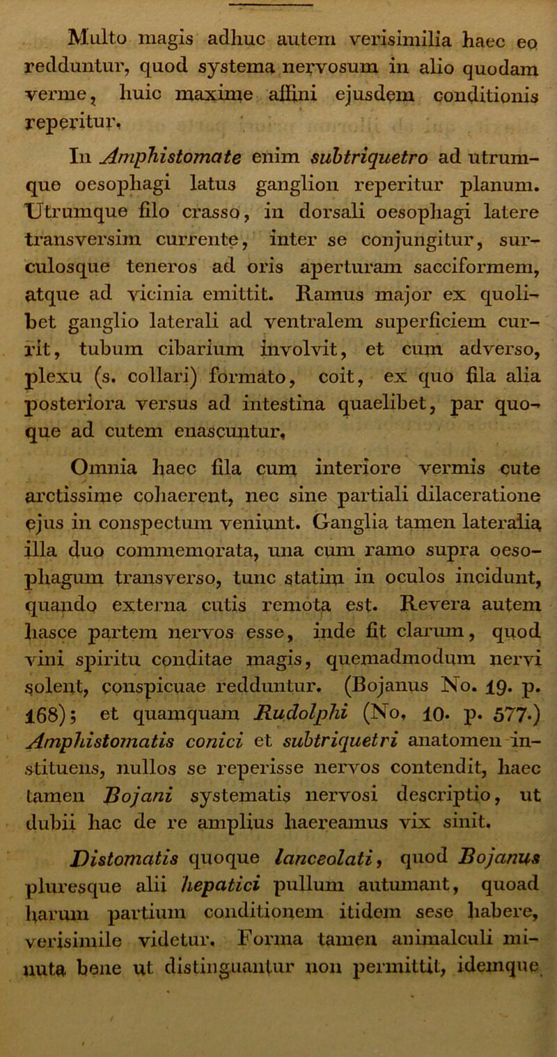 Multo magis adhuc autem verisimilia haec eo redduntur, quod systema nervosum in alio quodam verme, huic maxime affini ejusdem conditionis repentur, In Amphistomcite enim subtriquetro ad utrum- que oesophagi latU3 ganglion reperitur planum. Utrumque filo crasso, in dorsali oesophagi latere transversim currente, inter se conjungitur, sur- culosque teneros ad oris aperturam sacciformem, atque ad vicinia emittit. Ramus major ex quoli- bet ganglio laterali ad ventralem superficiem cur- rit, tubum cibarium involvit, et cum adverso, plexu (s. collari) formato, coit, ex quo fila alia posteriora versus ad intestina quaelibet, par quo- que ad cutem enascuntur. Omnia haec fila cum interiore vermis cute arctissime cohaerent, nec sine partiali dilaceratione ejus in conspectum veniunt. Ganglia tamen lateralia, illa duo commemorata, una cum ramo supra oeso- phagum transverso, tunc statim in oculos incidunt, quando externa cutis remota est. Revera autem hasce partem nervos esse, inde fit clarum, quod vini spiritu conditae magis, quemadmodum nervi solent, conspicuae redduntur. (Bojanus No. 19. p. 168); et quamquam Rudolphi (No, 10. p. 577-) AmpJiistomatis conici et subtriquetri anatomen in- stituens, nullos se reperisse nervos contendit, haec tamen Boj ani systematis nervosi descriptio, ut dubii hac de re amplius haereamus vix sinit. Distomatis quoque lanceolati, quod Bojanus pluresque alii hepatici pullum autumant, quoad fiarum partium conditionem itidem sese habere, verisimile videtur. Forma tamen animalculi mi- nuta bene ut distinguantur non permittit, idemque