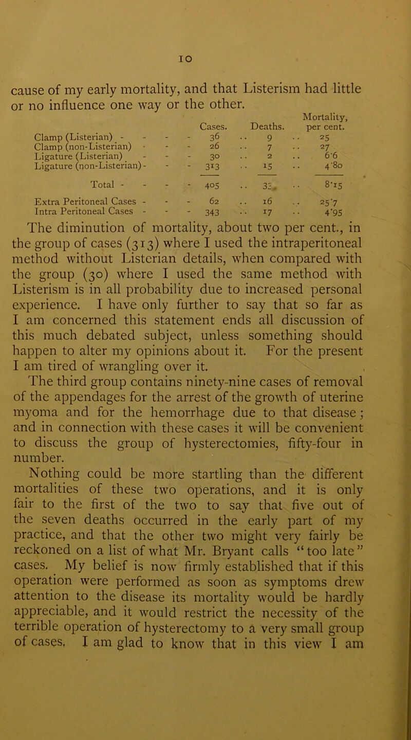 IO cause of my early mortality, and that Listerism had little or no influence one way or the other. Clamp (Listerian) - Cases. 36 Deaths. 9 Mortality, per cent. 25 Clamp (non-Listerian) 26 7 27 Ligature (Listerian) 30 2 6'6 Ligature (non-Listerian) - - 3*3 ■ • is .. 4'80 Total - - 4°5 .. 33, 8-15 Extra Peritoneal Cases - 62 . . l6 25-7 Intra Peritoneal Cases - - 343 17 4’95 The diminution of mortality, about two per cent., the group of cases (313) where I used the intraperitoneal method without Listerian details, when compared with the group (30) where I used the same method with Listerism is in all probability due to increased personal experience. I have only further to say that so far as I am concerned this statement ends all discussion of this much debated subject, unless something should happen to alter my opinions about it. For the present I am tired of wrangling over it. The third group contains ninety-nine cases of removal of the appendages for the arrest of the growth of uterine myoma and for the hemorrhage due to that disease; and in connection with these cases it will be convenient to discuss the group of hysterectomies, fifty-four in number. Nothing could be more startling than the different mortalities of these two operations, and it is only fair to the first of the two to say that five out of the seven deaths occurred in the early part of my practice, and that the other two might very fairly be reckoned on a list of what Mr. Bryant calls “too late” cases. My belief is now firmly established that if this operation were performed as soon as symptoms drew attention to the disease its mortality would be hardly appreciable, and it would restrict the necessity of the terrible operation of hysterectomy to a very small group