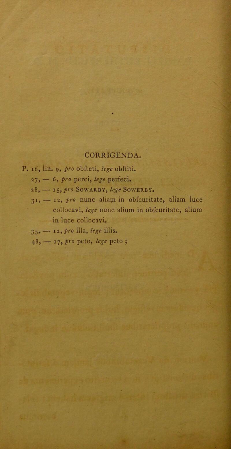 CORRIGENDA. P. 16', lin. 9, pro obfteti, lege obftiti. 27, — 6, pro perci, lege perfeci. 28, — iS,pro Sowarby, lege Sowerby. 31, — 12, pro nunc aliam in obfcuritate, aliam luce collocavi, lege nunc alium in obfcuritate, alium in luce collocavi. 35, — 12, pro illa, lege illis. 48, — 17, pro peto, lege peto ;