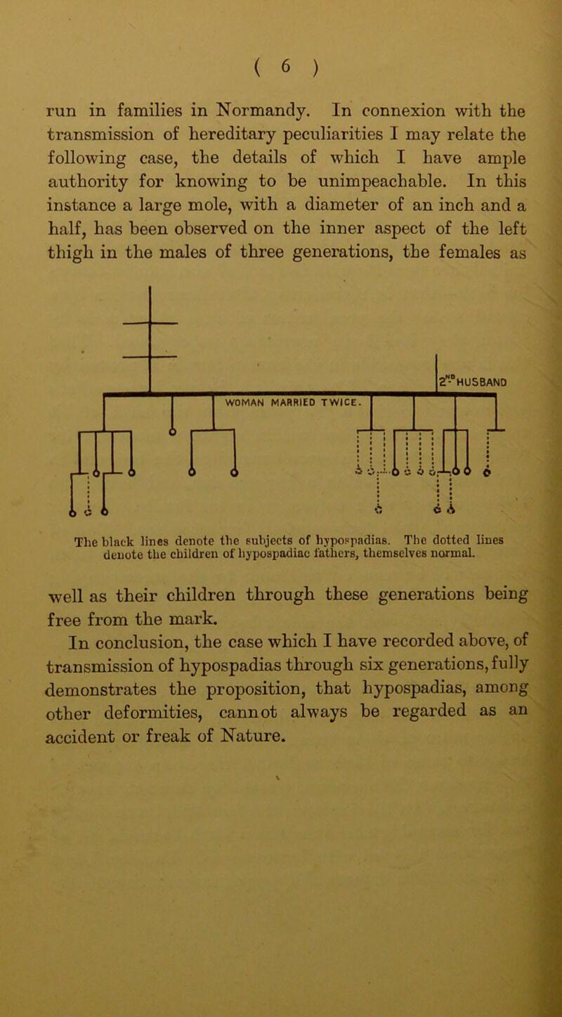 run in families in Normandy. In connexion with the transmission of hereditary peculiarities I may relate the following case, the details of which I have ample authority for knowing to be unimpeachable. In this instance a large mole, with a diameter of an inch and a half, has been observed on the inner aspect of the left thigh in the males of three generations, the females as The black lines denote the subjects of hypospadias. The dotted lines denote the children of hypospadiac fathers, themselves normal. well as their children through these generations being free from the mark. In conclusion, the case which I have recorded above, of transmission of hypospadias through six generations, fully demonstrates the proposition, that hypospadias, among other deformities, cannot always be regarded as an accident or freak of Nature.
