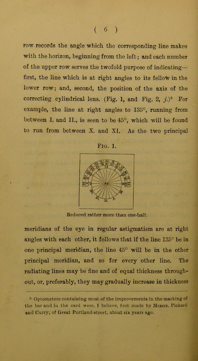 row records the angle which the corresponding line makes with the horizon, beginning from the left; and each number of the upper row serves the twofold purpose of indicating— first, the line which is at right angles to its fellow in the lower row; and, second, the position of the axis of the correcting cylindrical lens. (Fig. 1, and Fig. 2, j.)3 For example, the line at right angles to 135°, running from between I. and II., is seen to be 45°, which will be found to run from between X. and XI. As the two principal Fig. 1. Reduced rather more than one-half. meridians of the eye in regular astigmatism are at right angles with each other, it follows that if the line 135° be in one principal meridian, the line 45° will be in the other principal meridian, and so for every other line. The radiating lines may be fine and of equal thickness through- out, or, preferably, they may gradually increase in thickness 3 Optometers containing most of the improvements in the marking of the bar and in the card -were, I believe, first made by Messrs. Fickard and Curry, of Great Portland-street, about six years ago.