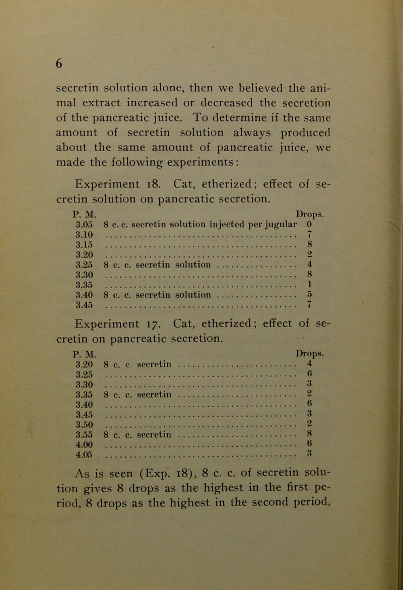 secretin solution alone, then we believed the ani- mal extract increased or decreased the secretion of the pancreatic juice. To determine if the same amount of secretin solution always produced about the same amount of pancreatic juice, we made the following experiments : Experiment 18. Cat, etherized; effect of se- cretin solution on pancreatic secretion. P. M. Drops. 3.05 8 c. c. secretin solution injected per jugular 0 3.10 7 3.15 8 3.20 2 3.25 8 c. c. secretin solution 4 3.30 8 3.35 1 3.40 8 c. c. secretin solution 5 3.45 7 Experiment 17. Cat, etherized; effect of se- cretin on pancreatic secretion. P. M. Drops. 3.20 8 c. c secretin 4 3.25 6 3.30 3 3.35 8 c. c. secretin 2 3.40 6 3.45 3 3.50 2 3.55 8 c. c. secretin 8 4.00 6 4.05 3 As is seen (Exp. 18), 8 c. c. of secretin solu- tion gives 8 drops as the highest in the first pe- riod, 8 drops as the highest in the second period,