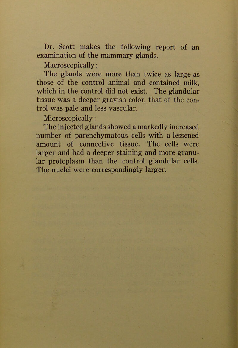 Dr. Scott makes the following report of an examination of the mammary glands. Macroscopically: The glands were more than twice as large as those of the control animal and contained milk, which in the control did not exist. The glandular tissue was a deeper grayish color, that of the con- trol was pale and less vascular. Microscopically: The injected glands showed a markedly increased number of parenchymatous cells with a lessened amount of connective tissue. The cells were larger and had a deeper staining and more granu- lar protoplasm than the control glandular cells. The nuclei were correspondingly larger.