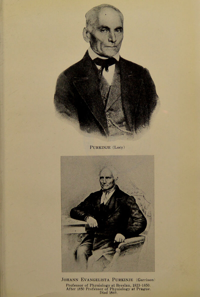 PURKINJE (Locy) Johann Evangelista Purkinje (Garrison^ Professor of Physiology at Breslau, 1823-1850. After 1850 Professor of Physiology at Prague. Died 1869.