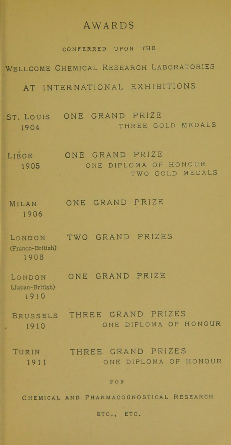 AWARDS CONFERRED UPON THE Wellcome Chemical Research laboratories AT INTERNATIONAL EXHIBITIONS St. Louis 1904 ONE GRAND PRIZE THREE GOLD MEDALS Liege 1905 ONE GRAND PRIZE ONE DIPLOMA OF HONOUR TWO GOLD MEDALS Milan 1906 ONE GRAND PRIZE London (Franco-Brltish) 1908 TWO GRAND PRIZES London (Japan-British) i 9 1 0 ONE GRAND PRIZE Brussels 19 10 THREE GRAND PRIZES ONE DIPLOMA OF HONOUR Turin 19 11 THREE GRAND PRIZES ONE DIPLOMA OF HONOUR FOR CHEMICAL AND P H A R M A C O G N 0 ST I C A L RESEARCH ETC., ETC.