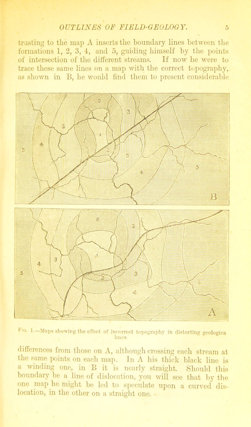 trusting to the map A inserts the boundary lines between the formations 1, 2, 3, 4, and 5, guiding himself by the points of intersection of the different streams. If now he were to trace these same lines on a map with the correct topography, as shown in B, he would find them to present considerable *,<r- 1- Maps showing the effect of incorrect topography in distorting geologica lines. differences from those on A, although crossing each stream at the same points on each map. In A his thick black line is a winding one, in B it is nearly straight. Should this boundary be a line of dislocation, you will see that by the one map he might he led to speculate upon a curved dis- location, in the other on a straight one.