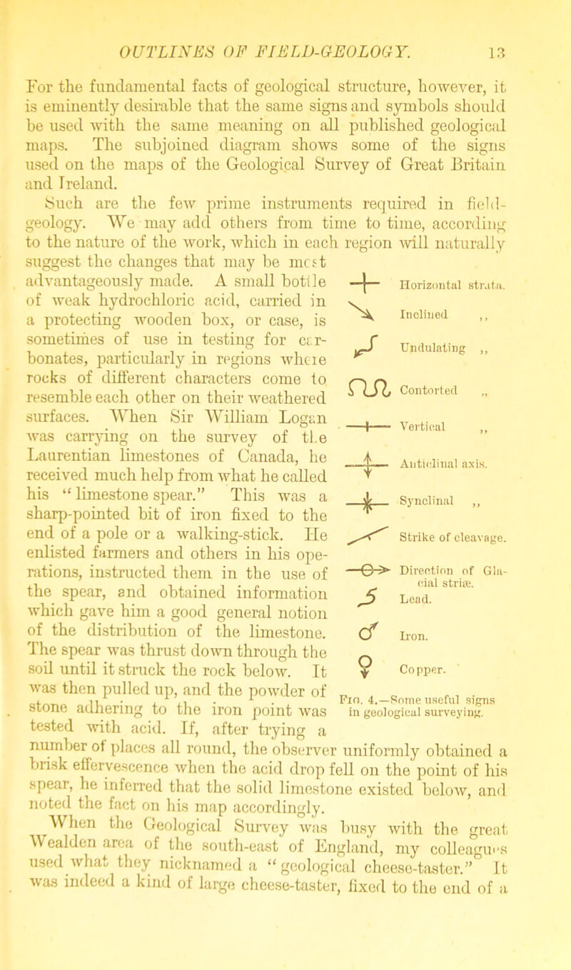 For the fundamental facts of geological structure, however, it is eminently desirable that the same signs and symbols should be used with the same meaning on all published geological maps. The subjoined diagram shows some of the signs used on the maps of the Geological Survey of Great Britain and Ireland. Such are the few prime instruments required in field- geology. We may add others from time to time, according suggest the changes that may be me ft advantageously made. A small botlle of weak hydrochloric acid, carried in a protecting wooden box, or case, is sometimes of use in testing for car- bonates, particularly in regions where rocks of different characters come to resemble each other on their weathered surfaces. When Sir William Logan was carrying on the survey of tie Laurentian limestones of Canada, he received much help from what he called his “ limestone spear.” This was a sharp-pointed bit of iron fixed to the end of a pole or a walking-stick. lie enlisted farmers and others in his ope- rations, instructed them in the use of the spear, and obtained information which gave him a good general notion of the distribution of the limestone. The spear was thrust down through the soil until it struck the rock below. It was then pulled up, and the powder of stone adhering to the iron point was tested with acid. If, after trying a number ot places all round, the observer uniformly obtained a brisk effervescence when the acid drop fell on the point of his spear, he inferred that the solid limestone existed below, and noted the fact on his map accordingly. When the Geological Survey was busy with the great Wealden area of the south-east of England, my colleagues used what they nicknamed a “geological cheese-taster.”° It was indeed a kind of large cheese-taster, fixed to the end of a . region will naturally -4- Horizontal strata. Inclined ,, Undulating ,, aa Contorted „ Vertical ,, Anticlinal axis. Synclinal ,, - *■ i Strike of cleavage. —e-> Direction of Glu- oial striae. Lead. cf Iron. 9 Copper. Fin. 4.—Some useful signs in geological surveying.
