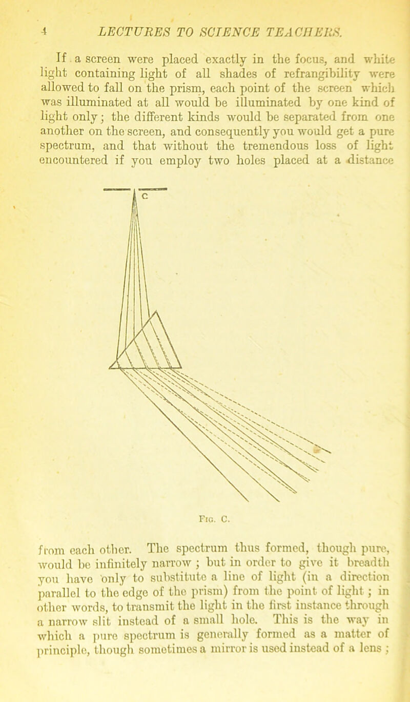 If a screen were placed exactly in the focus, and white light containing light of all shades of refrangibility were allowed to fall on the prism, each point of the screen which was illuminated at all would be illuminated by one kind of light only; the different lands would he separated from one another on the screen, and consequently you would get a pure spectrum, aud that without the tremendous loss of light encountered if you employ two holes placed at a distance Fig. C. from each other. The spectrum thus formed, though pure, would he infinitely narrow ; hut in order to give it breadth you have only to substitute a line of light (in a direction parallel to the edge of the prism) from the point of light; in other words, to transmit the light in the first instance tlmmgh a narrow slit instead of a small hole. This is the way in which a pure spectrum is generally formed as a matter of principle, though sometimes a mirror is used instead of a lens ;