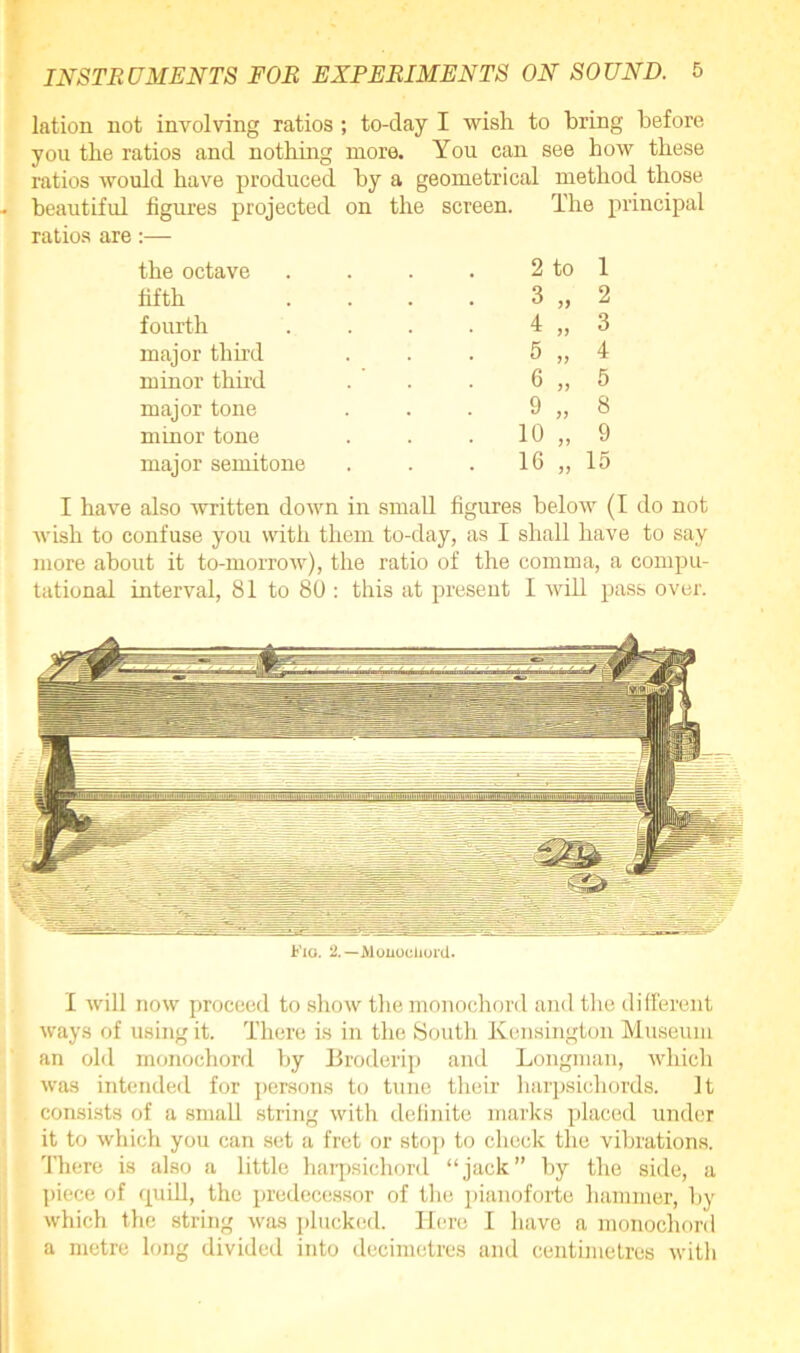 lation not involving ratios ; to-day I wish to bring before you the ratios and nothing more. You can see how these ratios would have produced by a geometrical method those beautiful figures projected on the screen. The principal ratios are:— the octave fifth fourth major third minor third major tone minor tone major semitone 2 to 3 „ 4 „ 5 „ 6 „ 9 „ 10 „ 10 „ 1 2 3 4 5 8 9 15 I have also 'written down in small figures below (I do not wish to confuse you with them to-day, as I shall have to say more about it to-morrow), the ratio of the comma, a compu- tational interval, 81 to 80 : this at present I will pass over. Fio. 2.—Monocliord. I will now proceed to show the monochord and the different ways of using it. There is in the South Kensington Museum an old monochord by Broderip and Longman, which was intended for persons to tune their harpsichords. It consists of a small string with definite marks placed under it to which you can set a fret or stop to check the vibrations. There is also a little harpsichord “jack” by the side, a piece of quill, the predecessor of the pianoforte hammer, by which the string was plucked. Here I have a monochord a metre long divided into decimetres and centimetres with