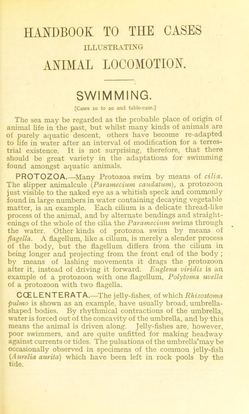 HANDBOOK TO THE CASES ILLUSTRATING ANIMAL LOCOMOTION. SWIMMING. [Cases 10 to 20 and table-case.] The sea may be regarded as the probable place of origin of animal life in the past, but whilst many kinds of animals are of purely aquatic descent, others have become re-adapted to life in water after an interval of modification for a terres- trial existence. It is not surprising, therefore, that there should be great variety in the adaptations for swimming found amongst aquatic animals. PROTOZOA.—Many Protozoa swim by means of cilia. The slipper animalcule (Paramecium caudatum), a protozoon just visible to the naked eye as a whitish speck and commonly found in large numbers in water containing decaying vegetable matter, is an example. Each cilium is a delicate thread-like process of the animal, and by alternate bendings and straight- enings of the whole of the cilia the Paramecium swims through the water. Other kinds of protozoa swim by means of flagella. A flagellum, like a cilium, is merely a slender process of the body, but the flagellum differs from the cilium in being longer and projecting from the front end of the body; by means of lashing movements it drags the protozoon after it, instead of driving it forward. Euglena viridis is an example of a protozoon with one flagellum, Polytoma uvella of a protozoon with two flagella. CCELENTERATA.—The jelly-fishes, of which Rhizostoma pulmo is shown as an example, have usually broad, umbrella- shaped bodies. By rhythmical contractions of the umbrella, water is forced out of the concavity of the umbrella, and by this means the animal is driven along. Jelly-fishes are, however, poor swimmers, and are quite unfitted for making headway against currents or tides. The pulsations of the umbrella’may be occasionally observed in specimens of the common jelly-fish (Aurelia aurita) which have been left in rock pools by the tide.