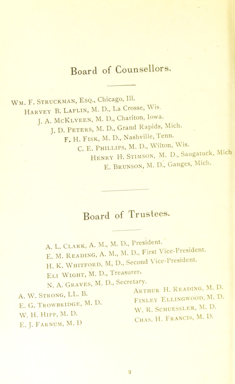 Board of Counsellors. Wm F. Struckman, Esq., Chicago, 111. Harvey B. Laflin, M. D„ La Crosse, Wis. J. A. McKlveen, M. D., Chariton, Iowa. J. D. Peters, M. D., Grand Rapids, Mich. F. H. Fisk, M. D„ Nashville, Tenn. C E Phillips, M. D., Wilton, Wis. Henry H. Stimson, M. D„ Saugatuck. M.ch E. Brunson, M. D., Ganges, Mich. Board of Trustees. A. L. CLARK, A. M..M.D., President.' » at IT First V ice-President. E M. Reading, A. M., M. u., n'M „ at n ciprnnd Vice-President. H. K. Whitford, M, U., seconu Eli Wight, M. D., Treasurer. N. A. Graves, M. D., Secretary A. W. Strong, LL. B. E. G. Trowbridge, M. D. W. H. Hifp, M. D. E. J. Farnum, M. U tin j • Arthur H. Reading, M- F>. Finley Ellingwood, M. D. W. R. SCHUESSLER, M* C>. Chas. H. Francis, M. l>. a