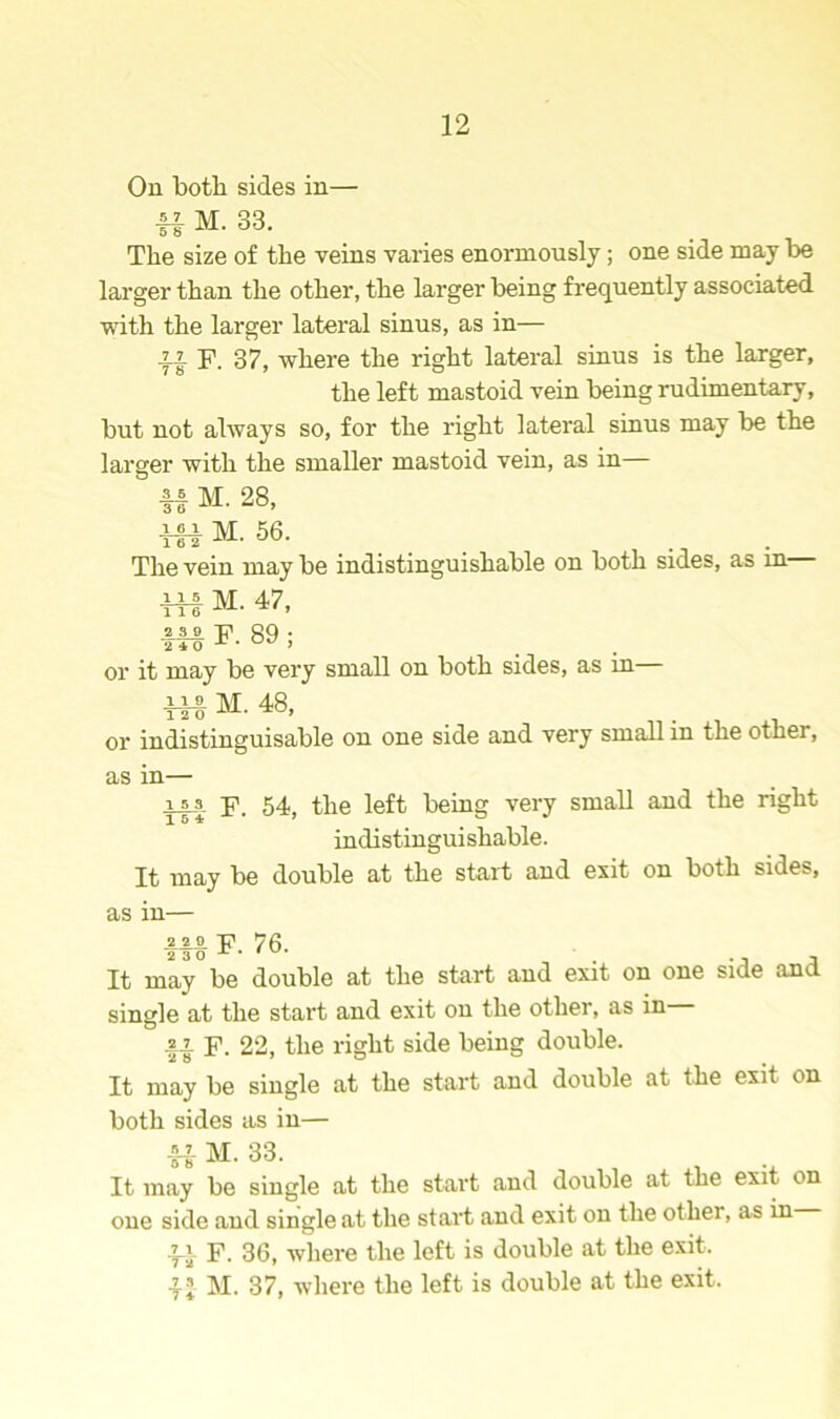 On both sides in— U M. 33. The size of the veins varies enormously; one side may be larger than the other, the larger being frequently associated with the larger lateral sinus, as in— ff F. 37, where the right lateral sinus is the larger, the left mastoid vein being rudimentary, but not always so, for the right lateral sinus may be the larger with the smaller mastoid vein, as in— U M. 28, Hi M. 56. The vein may be indistinguishable on both sides, as m irl M. 47, -If! F. 89 ; or it may be very small on both sides, as in— M. 48, . , or indistinguisable on one side and very small in the other, as in— i|f F. 54, the left being very small and the right indistinguishable. It may be double at the start and exit on both sides, as in— .22.0. p 76. It may be double at the start and exit on one side and single at the start and exit on the other, as in || F. 22, the right side being double. It may be single at the start and double at the exit on both sides as in— f| M. 33. It may be single at the start and double at the exit on one side and single at the start and exit on the other, as in ff F. 36, where the left is double at the exit. If M. 37, where the left is double at the exit.