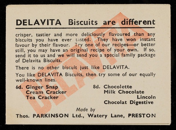 Delavita : the recipe book / by Thos. Parkinson, master of a hundred delicious dishes.