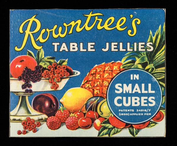 Rowntree's table jellies : in small cubes : patents 34216/7 (1930) applied for.