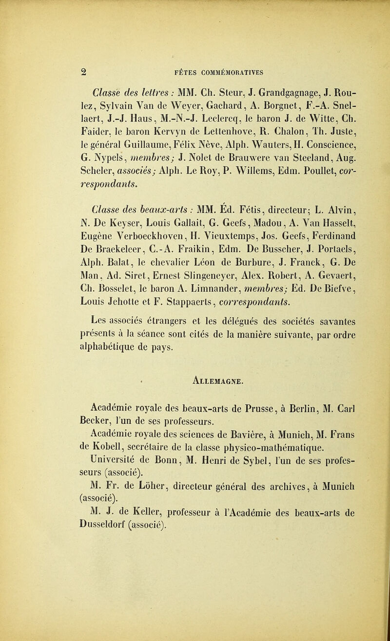 Classe des lettres : MM. Ch. Steur, J. Grandgagnage, J. Rou- lez, Sylvain Van de Weyer, Gachard, A. Borgnet, F.-A. Snel- laert, J.-J. Haus, M.-N.-J. Leclercq, le baron J. de Witte, Ch. Faider. le baron Kervyn de Letlenhove, R. Ghalon, Th. Juste, le général Guillaume, Félix Nève, Alph. Wauters, H. Conscience, G. Nypels, membres; J. Nolet de Brauwere van Steeland, Aug. Scheler, associés; Alph. Le Roy, P. Willems, Edm. Poullet, cor- respondants. Classe des beaiix-arts : MM. Éd. Fétis, directeur; L. Alvin, N. De Keyser, Louis Gallait, G. Geefs, Madou, A. Van Hasselt, Eugène Verboeckhoven, H. Vieuxtemps, Jos. Geefs, Ferdinand De Braekeleer, C.-A. Fraikin, Edm. De Busscher, J. Portaels, Alph. Balat, le chevalier Léon de Burbure, J. Franck, G. De Man, Ad. Siret, Ernest Slingeneyer, Alex. Robert, A. Gevaert, Ch. Bosselet, le baron A. Limnander, membres; Ed. De Biefve, Louis Jehotte et F. Stappaerts, correspondants. Les associés étrangers et les délégués des sociétés savantes présents à la séance sont cités de la manière suivante, par ordre alphabétique de pays. Allemagne. Académie royale des beaux-arts de Prusse, à Berlin, M. Cari Becker, l'un de ses professeurs. Académie royale des sciences de Bavière, à Munich, M. Frans de Kobell, secrétaire de la classe physico-mathématique. Université de Bonn, M. Henri de Sybel, l'un de ses profes- seurs (associé). M. Fr. de Lôher, directeur général des archives, à Munich (associé). M. J. de Keller, professeur à l'Académie des beaux-arts de Dusseldorf (associé).