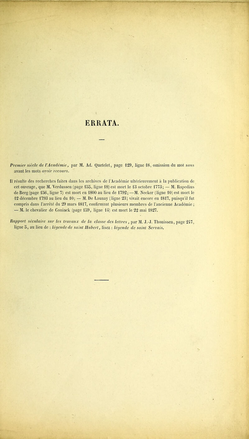 ERRATA. Premier siècle de l'Académie, par M. Ad. Quetelet, page 1!29, ligne 18, omission du mol so/ii avant les mois avoir recours. Il résulte dos recherches faites dans les archives de l'Académie ultcricuremont à la publication de cet ouvrage, que M. Verdussen (page 4S5, ligne 18) est mort le -lii octobre 1773; — M. Rapodius deBerg(page 156, ligne 7) est mort en 1800 au lieu de 1792;—M. Necker (ligne 10) est mort le •12 décembre -1793 au lieu du 10; — M. De Launay (ligne 23) vivait encore en 1817, puisqu'il fut compris dans l'arrclé du 29 mars 1817, conlirmant plusieurs membres de l'ancienne Académie; — M. le chevalier de Coninck (page 159, ligne 14) est mort le 22 mai 1827. Rapport séculaire sur les travaux de la classe des lettres, par M. J.-J. Tlionissen, page 247, ligne 5, au lieu do : Wjendeile saint Hubert, lisez : léijende de saint Servais.