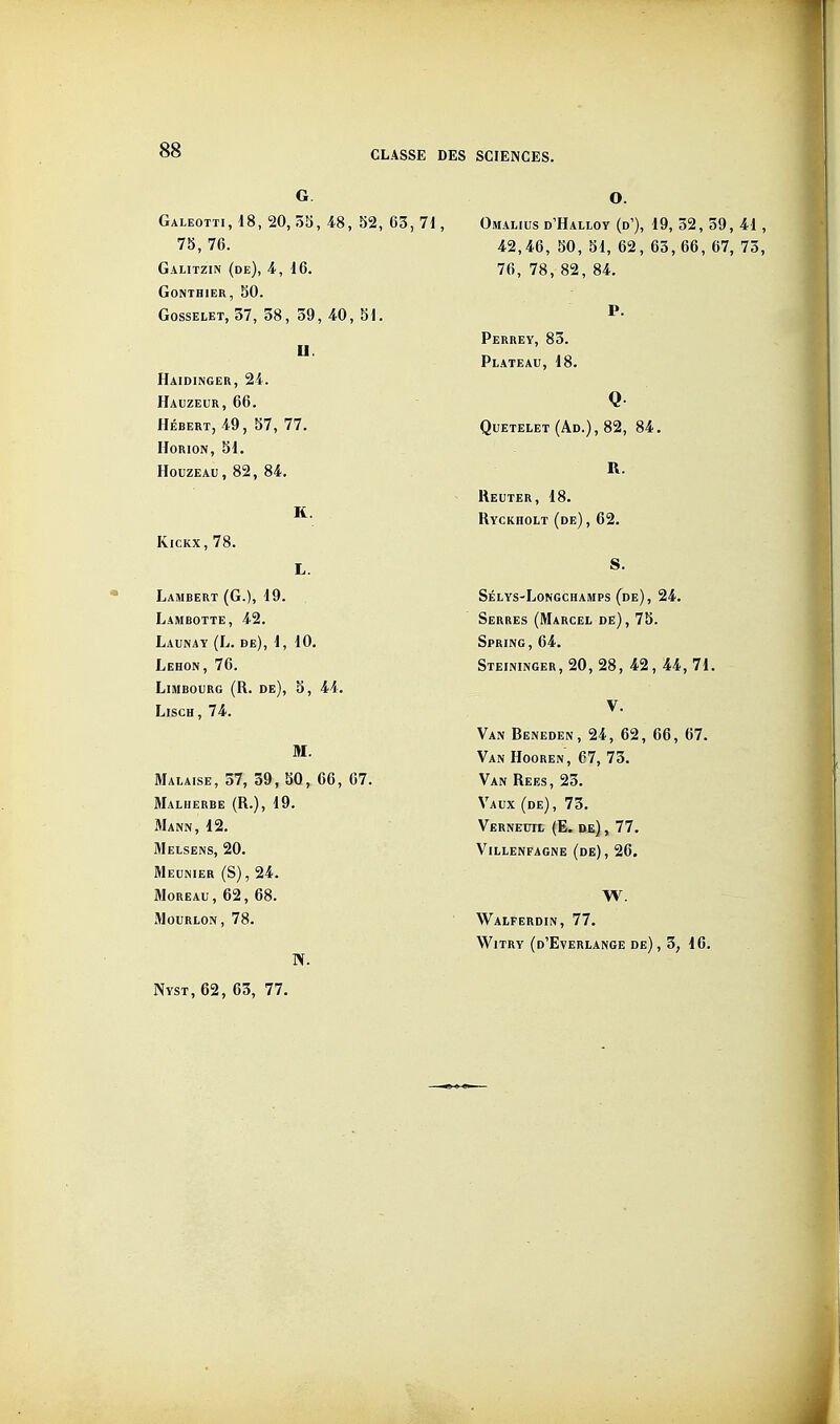 G Galeotti, 18, 20, 5b, 48, 52, C3, 71, 75, 76. Galitzin (de), 4, 16. gonthier, 50. GossELET, 37, 38, 39, 40, 51. U. Haidinger, 24. Hauzeur, 66. HÉBERT, 49, 57, 77. Horion, 51. HouzEAu, 82, 84. K. KicKX, 78. L. Lambert (G.), 19. Lambotte, 42. Launay (L. de), 1, 10. Lehon, 76. LiMBOURG (R. de), 5, 44. LiscH, 74. M. Malaise, 37, 39, 50, 66, 67. Malherbe (R.), 19. Mann, 12. Melsens, 20. Meunier (S), 24. MoREAu, 62, 68. MOURLON, 78. N. Nyst,62, 63, 77. O. Omalius d'Halloy (d'), 19, 32, 39, 41, 42,46, 50, 51, 62, 63,66, 67, 73, 76, 78, 82, 84. P. Perrey, 83. Plateau, 18. Q Quetelet (Ad.), 82, 84. R. Reuter, 18. Ryckholt (de) , 62. S. Sélys-Longchamps (de), 24. Serres (Marcel de), 75. Spring, 64. Steininger, 20, 28, 42, 44, 71. V. Van Beneden, 24, 62, 66, 67. Van Hooren, 67, 73. Van Rees, 23. Vaux (de), 73. Verneutl (E. de) , 77. Villenfagne (de), 26. W. Walferdin, 77. WiTRY (d'Everlange de) , 3, 16.