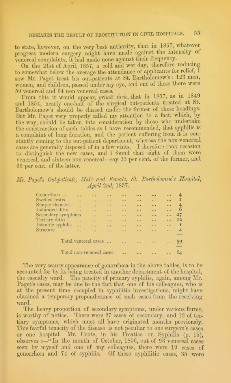 to state, however, on tlie very best authority, that in 1857, whatever progress modern surgery might have made against the intensity of venereal complaints, it had made none against their frequency. On the 21st of April, 1857, a cold and wet day, therefore reducing to somewhat below the average the attendance of appKcants for rehef, I saw Mr. Paget treat his out-patients at St. Bartholomew's: 123 men, women, and children, passed under my eye, and out of these there were 59 venereal and G4 non-venereal cases. From this it would appear, prima facie, that in 1857, as in 1849 and 1854, nearly one-half of the surgical out-patients treated at St. Bartholomew's should be classed under the former of these headings. But Mr. Paget very properly called my attention to a fact, which, by the way, should be taken into consideration by those who undertake the construction of such tables as I have recommended, that syphilis is a complaint of long duration, and the patient suffering from it is con- stantly coming to the out-patient department, whereas the non-venereal cases are generally disposed of in a few visits. I therefore took occasion to distinguish the new cases, and I found that eight of them were venereal, and sixteen non-venereal—say 33 per cent, of the former, and G6 per cent, of the latter. 3Ir. Paget's Out-patients, Male and Female, St. Bartholomew's Hospital, April 2nd, 1857. Gonorrhoea ... ... ... ... ... ... ... ... 4 Swelled testis ... ... ... ... ... ... ... i Simple chancres ... ... ... ... ... ... ... 4 Indurated ditto ... ... ... ... ... ... ... 6 Secondary .symptoms ... ... ... ... ... ... 27 Tertiary ditto ... ... ... ... ... ... ... 12 Infantile syphilis ... ... ... ... ... ..^ ... I Stricture 4 Total venereal cases ... ... ... ... ... 59 Total non-venereal cases ... ... ... ... 64 Tlie very scanty appearance of gonorrhcea in the above tables, is to be accounted for by its being treated in another department of the hosj)ital, the casualty ward. The paucity of primary syphilis, again, among Mr. Paget's cases, may be due to the fact that one of his colleagues, who is at the present time occupied in syphilitic investigations, might have obtained a temporary preponderance of such cases from the receiving ward. The heavy proportion of secondary symptoms, under various forms, is worthy of notice. There were 27 cases of secondary, and 12 of ter- tiary symptoms, which must all have originated months previously. This fearful tenacity of the disease is not peculiar to one surgeon's cases or one hospital. Mr. Cootc, in his Treatise on Syphilis (p. 15), observes :—In the month of October, 185G, out of 93 venereal cases seen by myself and one of my colleagues, there were 19 cases of gonorrhoea and 74 of syphihs. Of these syphilitic cases, 35 were