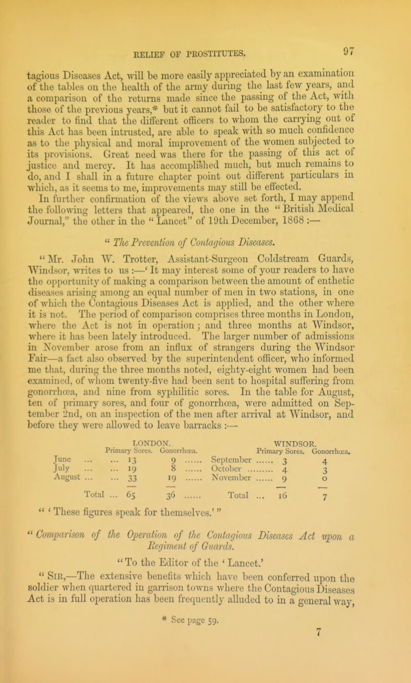 EELIEF OF PROSTITUTES. tagious Diseases Act, will be more easily appreciated by an examination of the tables on the health of the army during the last few years, and a comparison of the returns made since the passing of the Act, with those of the previous years,* but it cannot fail to be satisfactory to the reader to find that the different officers to whom the carrying out of this Act has been intrusted, are able to speak with so much confidence as to the physical and moral improvement of the women subjected to its provisions. Great need was there for the passing of this act of justice and mercy. It has accompli'shed much, but much remains to do, and I shall in a future chapter point out different particulars in which, as it seems to me, improvements may still be effected. In further confirmation of the views above set forth, I may append the follo^ving letters that appeared, the one in the  British Medical Journal, the other in the  Lancet of 19th December, 18G8 :—  The Prevention of Contagious Diseases.  Mr. John W, Trotter, Assistant-Surgeon Coldstream Guards, Windsor, writes to us :—* It may interest some of your readers to have the opportunity of making a comparison between the amount of enthetic diseases arising among an equal number of men in two stations, in one of which the Contagious Diseases Act is applied, and the other where it is not. The period of comparison comprises three months in London, where the Act is not in operation; and three months at Windsor, where it has been lately introduced. The larger number of admissions in November arose from an influx of strangers during the Windsor Fair—a fact also observed by the superintendent officer, who informed me that, during the three months noted, eighty-eight women had been examined, of Avhom twenty-five had been sent to hospital suffering from gonorrhcea, and nine from syphilitic sores. In the table for August, ten of primary sores, and four of gonorrhoea, were admitted on Sep- tember 2nd, on an inspection of the men after arrival at Windsor, and before they were alloAved to leave barracks :— LONDON. WINDSOR. Primary Sores. Gonorrhoea. Primary Sores. Gonorrhoea. June 13 9 September 3 4 July 19 8 October 4 August 33 19 November 9 3 o Total ... 65 36 Total ... 16  ' These figures speak for themselves.'   Comparison of the OjJeratim of the Contagions Diseases Act vj^on a Regiment of Guards. To the Editor of the ' Lancet.' Sir,—The extensive benefits which have been conferred upon the soldier when quartered in garrison towns where the Contagious Diseases Act is in full operation has been frequently alluded to in a general way, * See page 59. 7