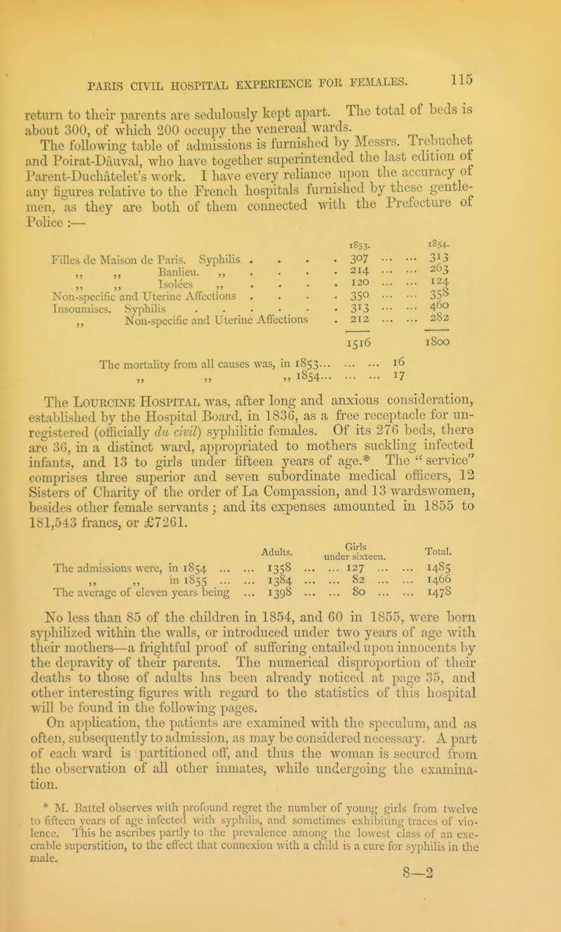 return to their parents are sedulously kept apart. The total of beds is about 300, of which 200 occupy the venereal wards. rr^ ^ ^ 4. The following table of admissions is furnished by Messrs. Trelnichet and Poirat-Dauval, who have together superintended the last edition ot Parent-Duchatelet's work. I have every reliance upon the accuracy ot any figures relative to the French hospitals furnished by these gentle- men, as they are both of them connected with the Prefecture ot Police :— 1853. 1854- Filles de Maisou de Taii^. Syphilis .... 307 3^3 Banlieu. „ . . . .214 2O3 Isolces „ .... 120 124 Non-specific and Uterine Affections .... 350 35^ Insoumises. Syphilis 3^3 4^° „ Non-specific and Uterine Affections . 212 2b2 1516 1800 The mortality from all causes was, in 1853 16 „ 1854 17 The LOURCINE Hospital was, after long and anxious consideration, established by the Hospital Board, in 1836, as a free receptacle for un- registered (officially da civil) syphilitic females. Of its 27G beds, there are 30, in a distinct ward, appropriated to mothers suckling infected infants, and 13 to girls under fifteen years of age.* The service comprises three superior and seven subordinate medical officers, 12 Sisters of Charity of the order of La Compassion, and 13 wardswomen, besides other female servants j and its expenses amounted in 1855 to 181,543 francs, or £7261. Adull- „„deS?teen. Total. The admissions were, in 1854 1358 127 1485 in 1855 1384 82 1466 The average of eleven years being ... 1398 80 147S No less than 85 of the children in 1854, and GO in 1855, were born syphilized within the walls, or introduced under two years of age with their mothers—a frightful proof of suffering entailed upon innocents by the depravity of their parents. The numerical disproportion of their deaths to those of adults has been already noticed at page 35, and other interesting figures with regard to the statistics of this hospital will be found in the following pages. On application, the patients are examined with the speculum, and as often, suljsequently to admission, as may be considered necessary. A part of each ward is partitioned off, and thus the woman is secured from the observation of aU other inmates, while undergoing the examina- tion. * M. Battel observes with profound regret the number of young girls from twelve to fifteen years of age infected with syphilis, and sometimes exhibiting traces of vio- lence. This he ascribes partly to the prevalence among the lowest class of an exe- crable superstition, to the effect that connexion with a child is a cure for syphilis in the male. 8—2