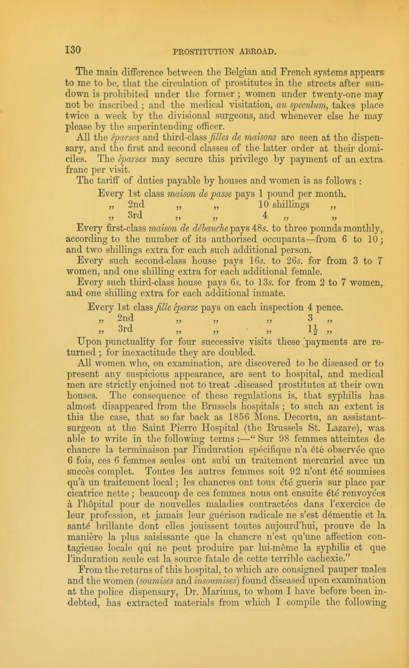 The main difference between the Belgian and French systems api^ears to me to be, that the circulation of prostitutes in the streets after sun- down is prohibited under the former; women under twenty-one may not be inscribed; and the medical visitation, au speculum, takes place tmce a week by the divisional surgeons, and whenever else he may please by the superintending officer. All the eparses and third-class filles de maisons are seen at the dispen- sary, and the first and second classes of the latter order at their domi- ciles. The eparses may secure this privilege by payment of an extra franc per Ansit. The tariff of duties payable by houses and women is as follows : Every 1st class maison de passe pays 1 pound per month. „ 2nd „ „ 10 shillings ^rrl 4. Every first-class maison de d^bauche pays 485. to three pounds monthly, according to the number of its autliorised occupants—from 6 to 10; and two shillings extra for each such additional person. Every such second-class house pays I6s. to 265. for from 3 to 7 women, and one shilling extra for each additional female. Every such third-class house pays 6s. to 13s. for from 2 to 7 women, and one shilling extra for each additional inmate. Every 1st class Jille eparse pays on each inspection 4 pence. 55 ^11^ U 55 3rd „ „ „ 1^ „ Upon punctuality for four successive visits these payments are re- turned ; for inexactitude they are doubled. All women Avho, on examination, are discovered to be diseased or to present any suspicious appearance, are sent to hospital, and medical men are strictly enjoined not to treat -diseased prostitutes at their own houses. The consequence of these regulations is, that sypliilis has almost disappeared from the Brussels hospitals; to such an extent is this the case, that so far back as 1856 Mons. Decortu, an assistant- surgeon at the Saint Pierre Hospital (the Brussels St. Lazare), was able to write in the following terms :— Sur 98 femmes atteintes de chancre la terminaison par I'induration sp^cifique n'a 6te observee que 6 fois, ces 6 femmes seules ont subi un traitement mercuriel avec un succes complet. Toutes les autres femmes soit 92 n'ont ete soumises qu'k un traitement local; les chancres ont tons cte gueris sur place par cicatrice nette; beaucoup de ces femmes nous ont ensuite ^te renvoyees k I'hopital pour de nouvelles maladies contractces dans I'exercice de leur profession, et jamais leur gu6rison radicale ne s'est d6mentie et la sante brillante dont elles jouissent toutes aujourd'hui, prouve de la maniere la plus saisissante que la chancre n'est qu'une affection con- tagieuse locale qui ne pent produire par lui-meme la syphilis et que I'induration seule est la source fatale de cette terrible cachexie. From the returns of this hospital, to which are consigned pauper males and the women (soumises and insoumises) found diseased upon examination at the police dispensary, Dr. Marinus, to whom I have before been in- debted, has extracted materials from which I compile the following