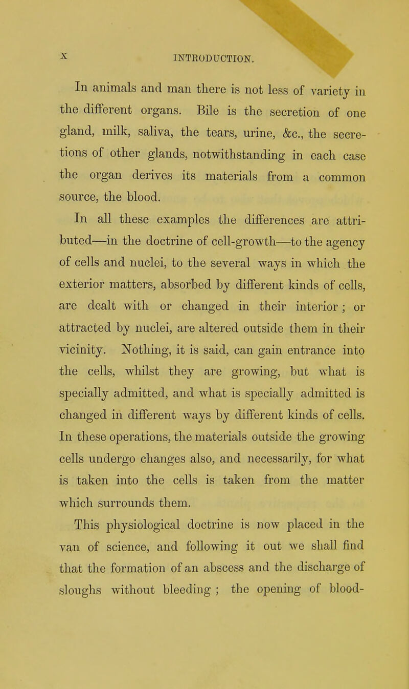 In animals and man there is not less of variety in the different organs. Bile is the secretion of one gland, milk, saliva, the tears, urine, &c., the secre- tions of other glands, notwithstanding in each case the organ derives its materials from a common source, the blood. In all these examples the differences are attri- buted—in the doctrine of cell-growth—to the agency of cells and nuclei, to the several ways in which the exterior matters, absorbed by different kinds of cells, are dealt with or changed in their interior; or attracted by nuclei, are altered outside them in their vicinity. Nothing, it is said, can gain entrance into the cells, whilst they are growing, but what is specially admitted, and what is specially admitted is changed in different ways by different kinds of cells. In these operations, the materials outside the growing cells undergo changes also, and necessarily, for what is taken into the cells is taken from the matter which surrounds them. This physiological doctrine is now placed in the van of science, and following it out we shall find that the formation of an abscess and the dischai'ge of sloughs without bleeding ; the opening of blood-